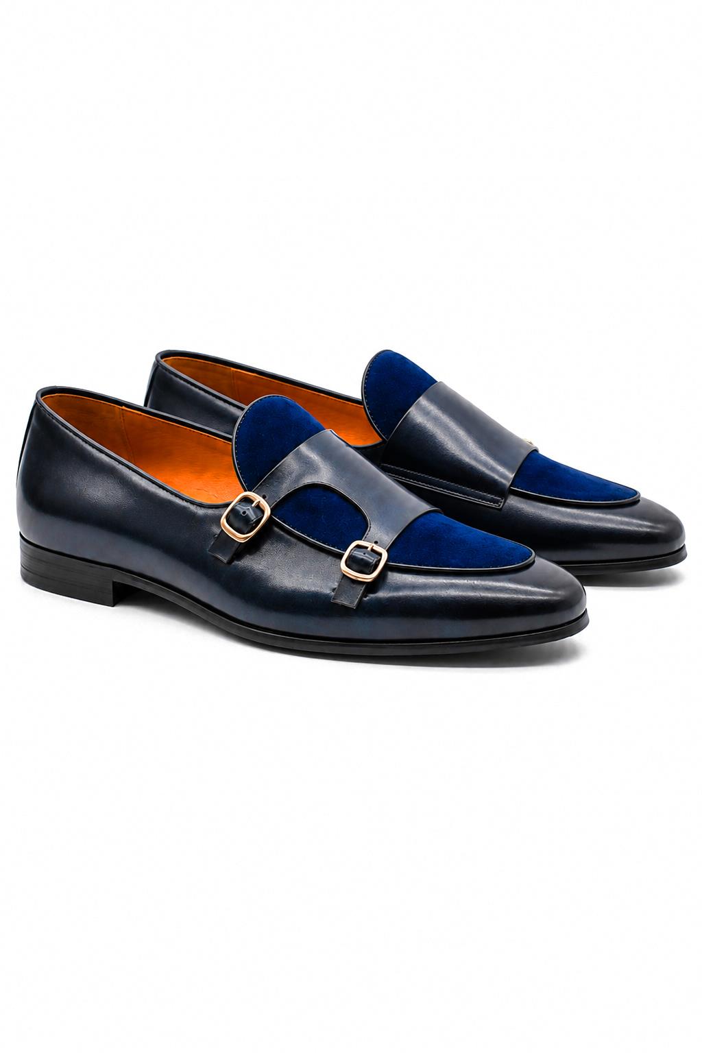 SOREN Men’s Navy Blue Leather & Suede Double Monk Shoes