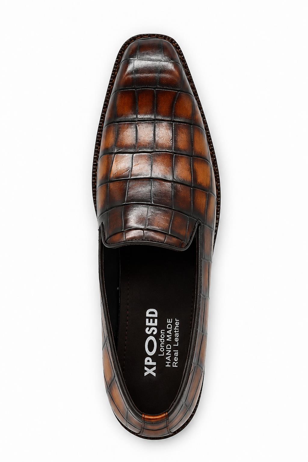ELBA Men’s Tan Croc Embossed Leather Chisel Toe Loafers