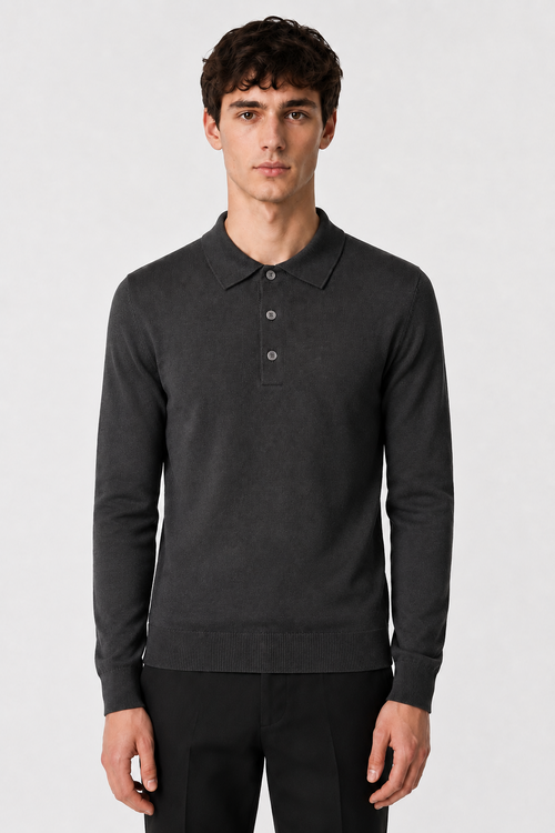Men's Grey 100% Cotton Fine Knit Button Neck Polo Jumper