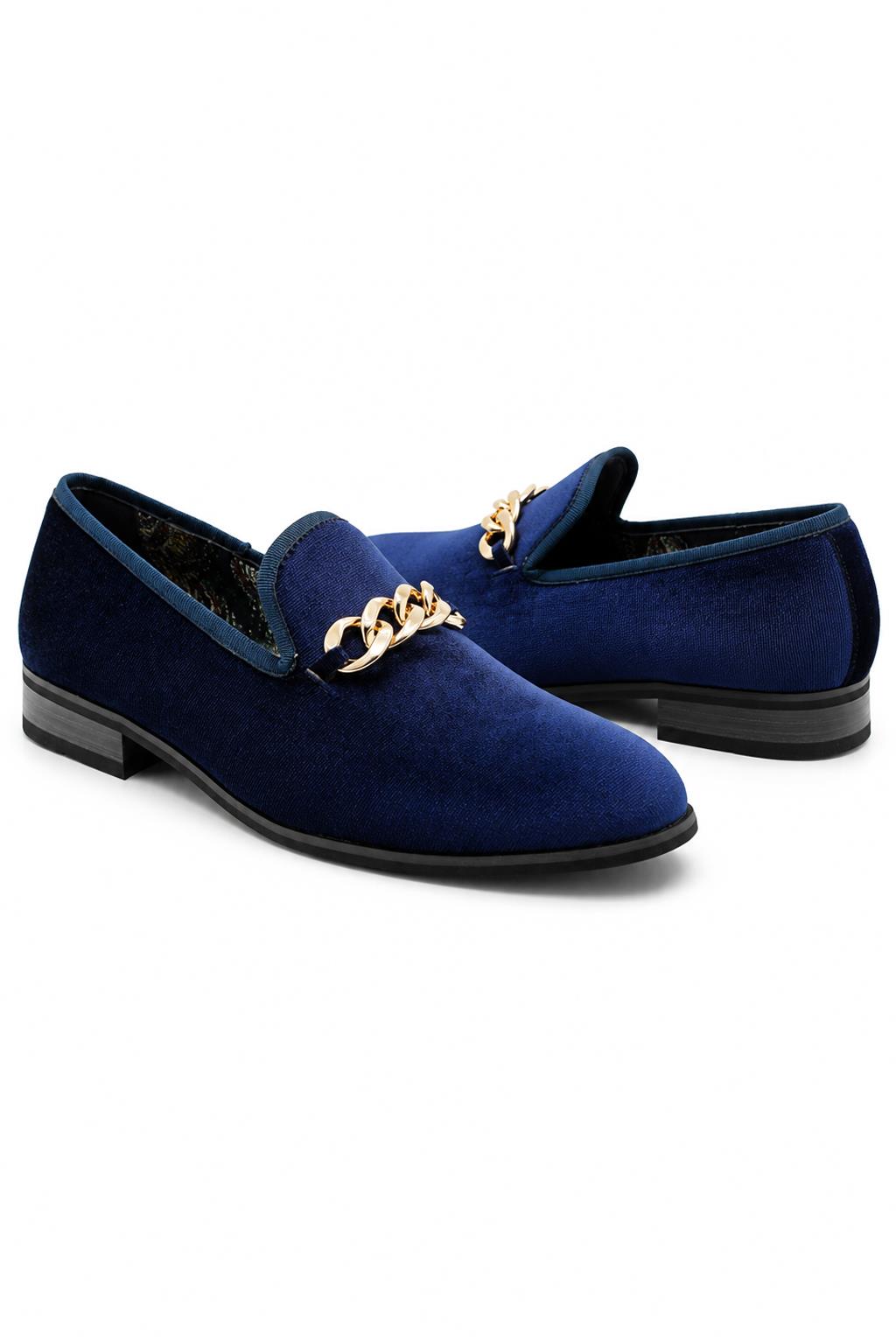 Men's Navy Smooth Velvet Gold Chain Dress Loafers