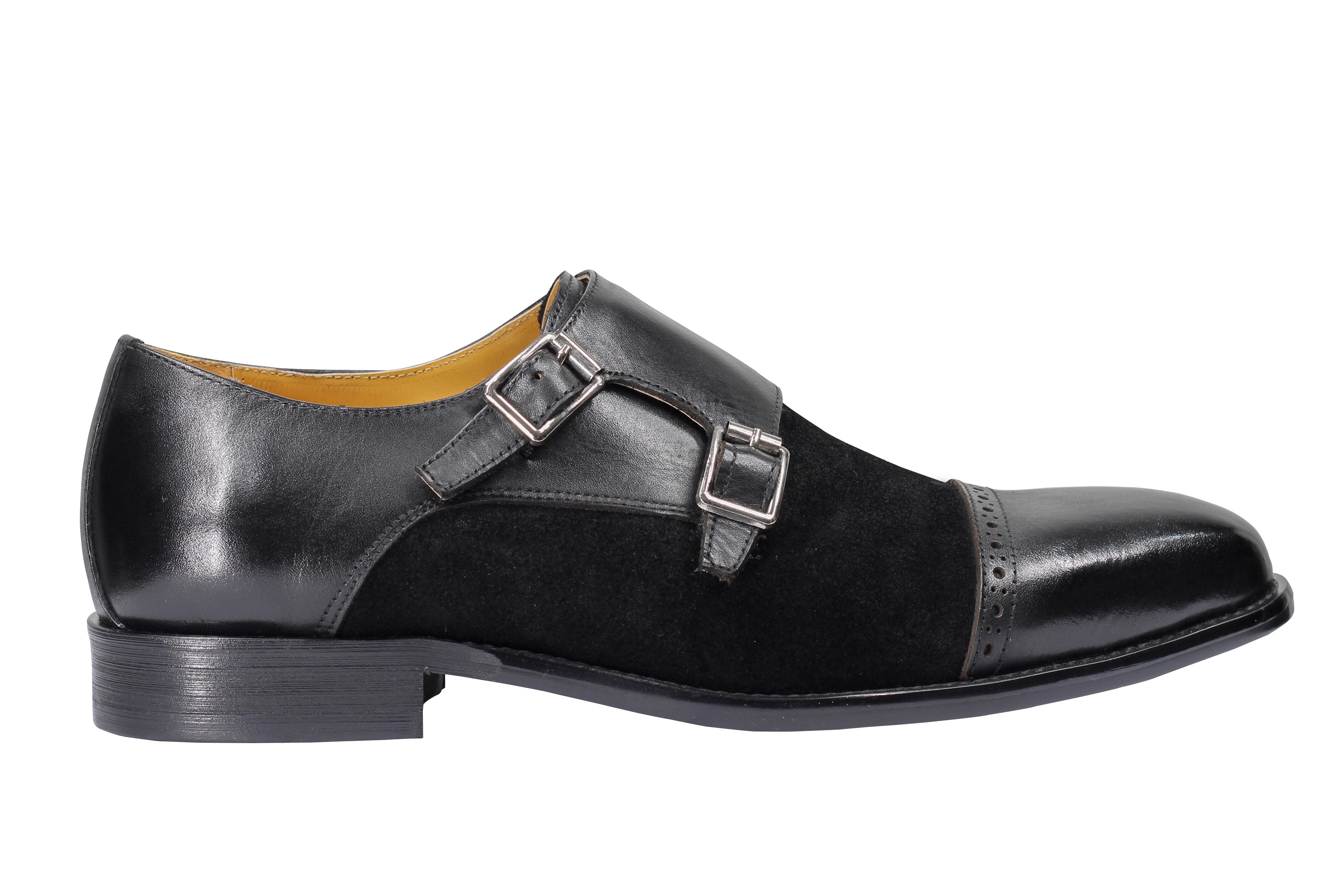 Leather & Suede Black Double Monk Shoes