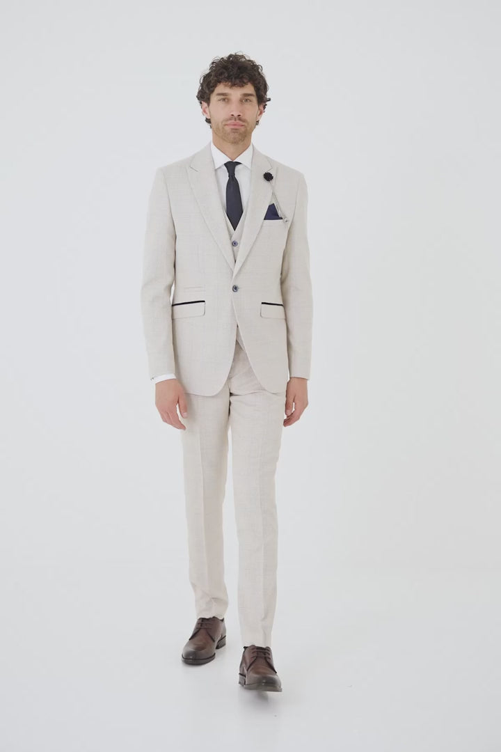 MENS CARIDI BEIGE TAILORED FIT THREE PIECE SUIT