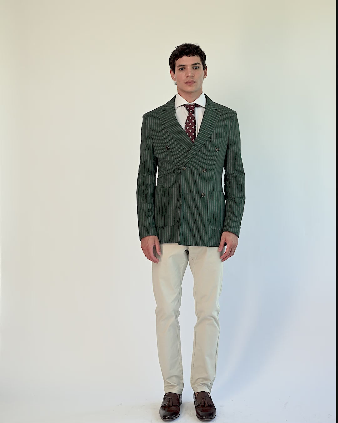 LLOYD – Double Breasted Linen Jacket In Green Pinstripes