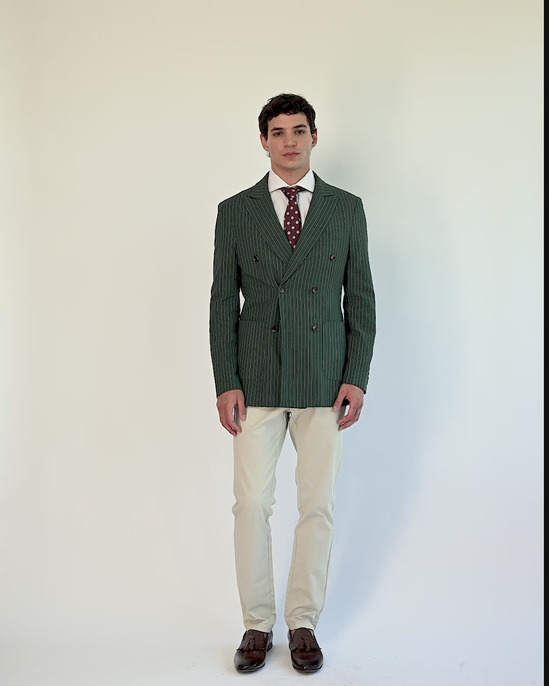 LLOYD – Double Breasted Linen Jacket In Green Pinstripes