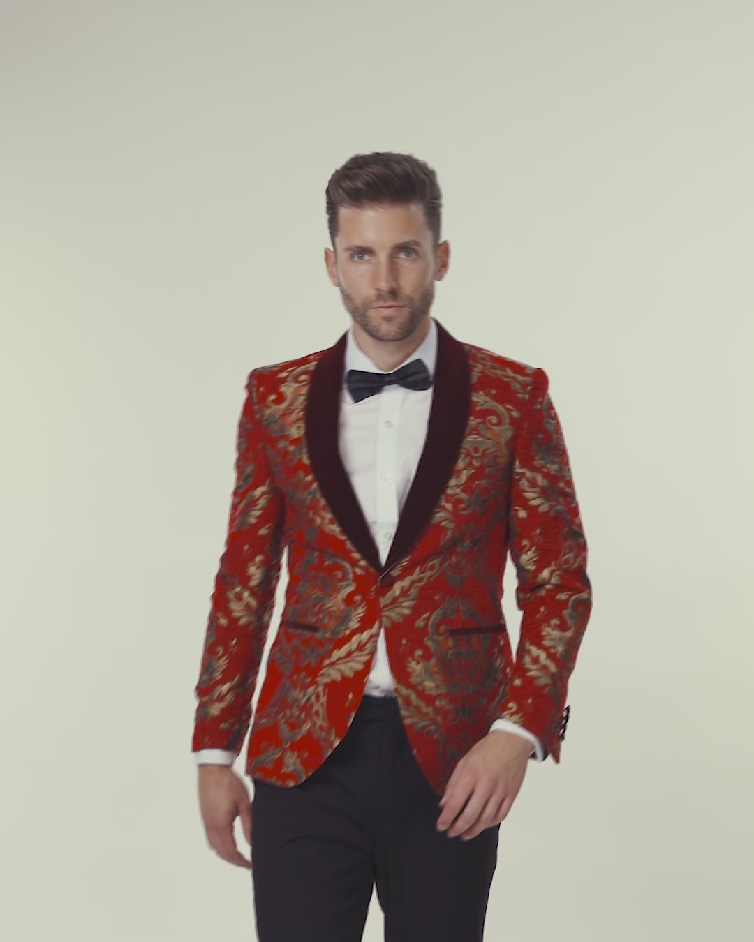 GLEN - Gold Brocade Paisley on Crimson Red Jacquard Dinner Jacket