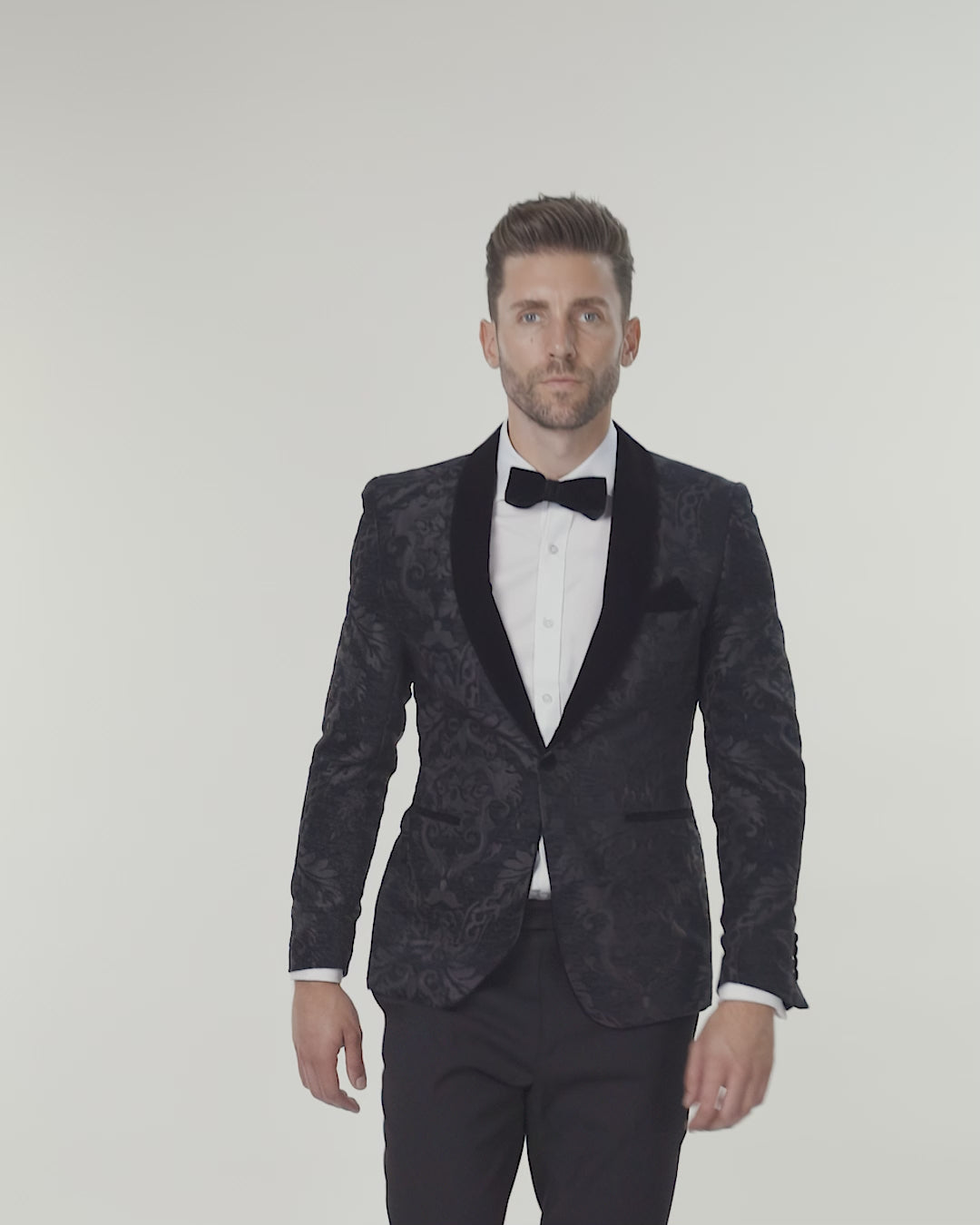 GLEN - Black Floral Foliage Velvet Jacquard Dinner Jacket