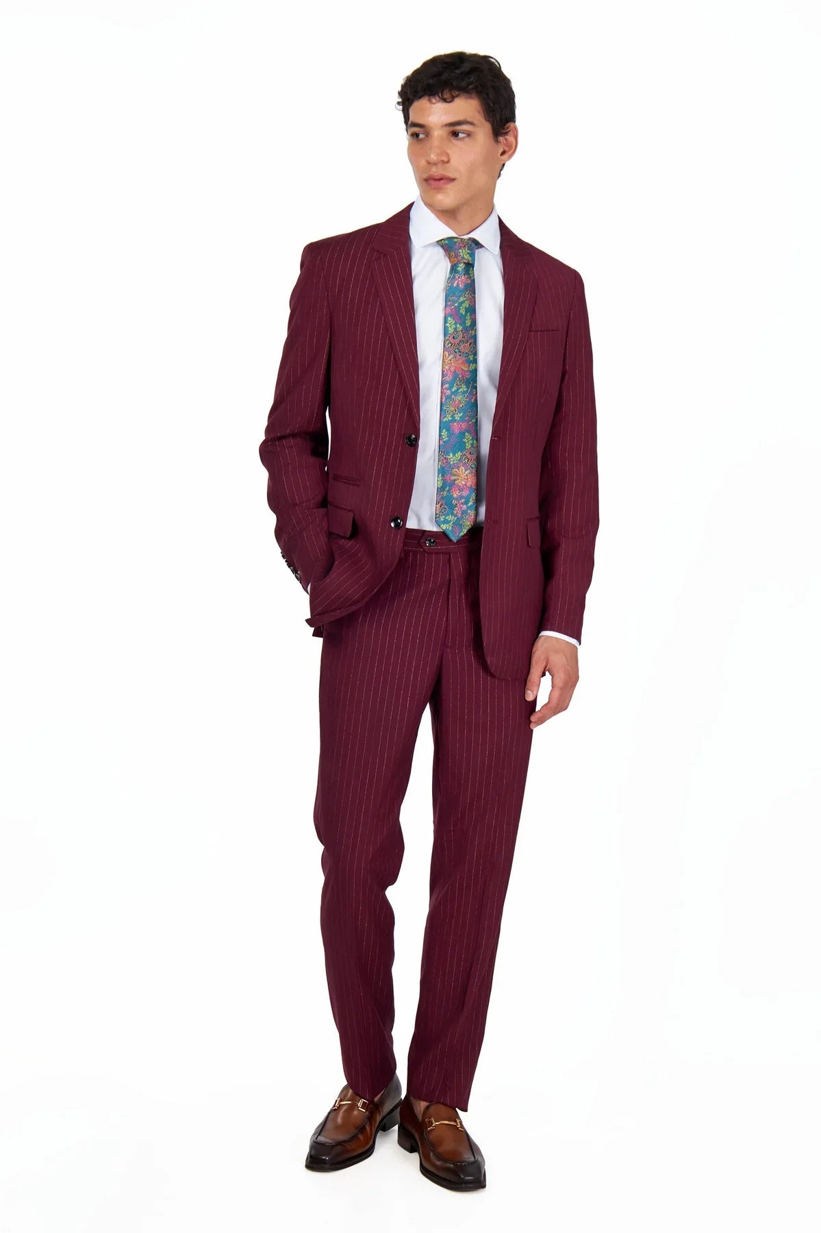 Men's Neil Maroon Gold Pinstripe Double Breasted 5-Piece Suit Bundle