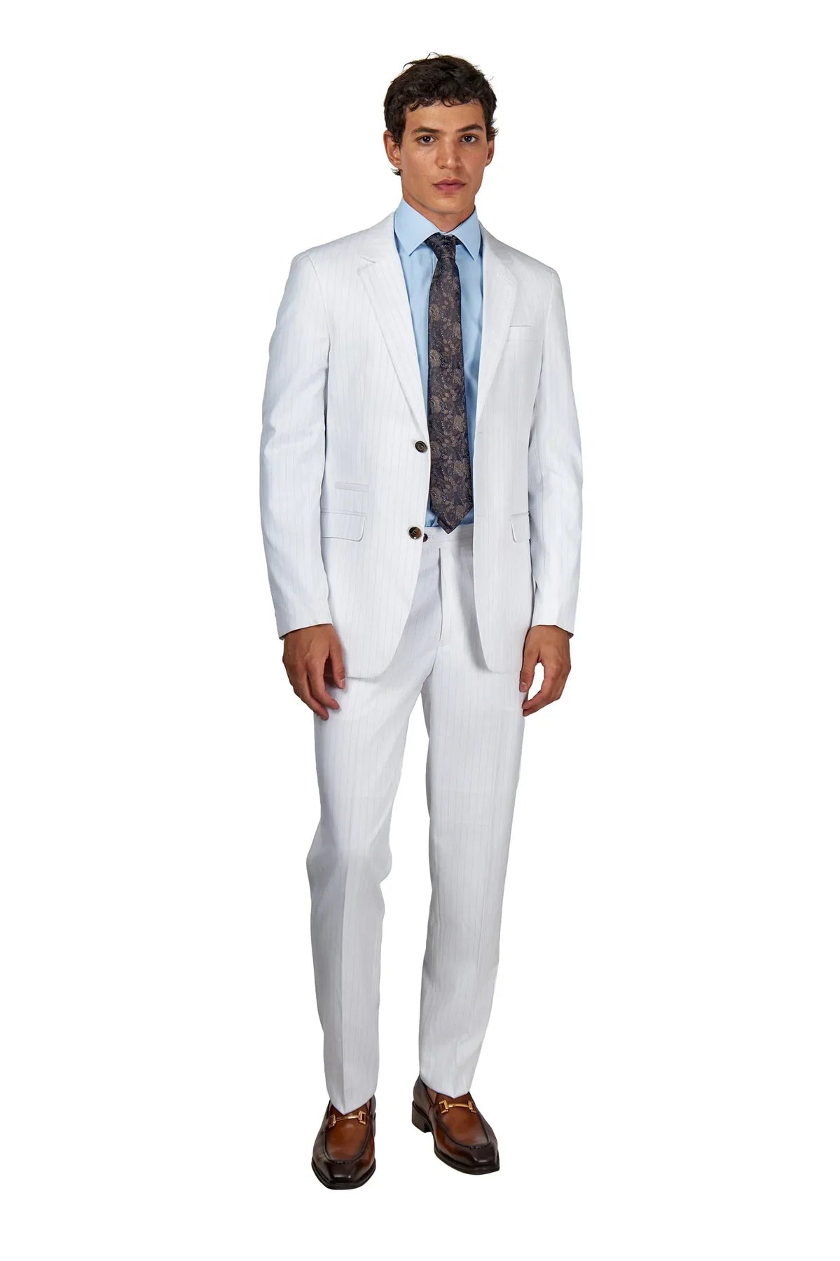 Men's Neil White Gold Pinstripe Double Breasted 5-Piece Suit Bundle