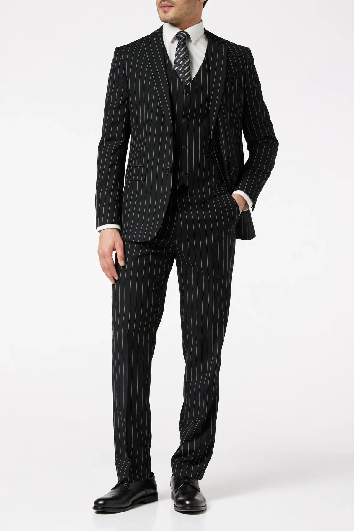 Men's Classic Black White Pinstripe Single Breasted 5-Piece Suit Bundle