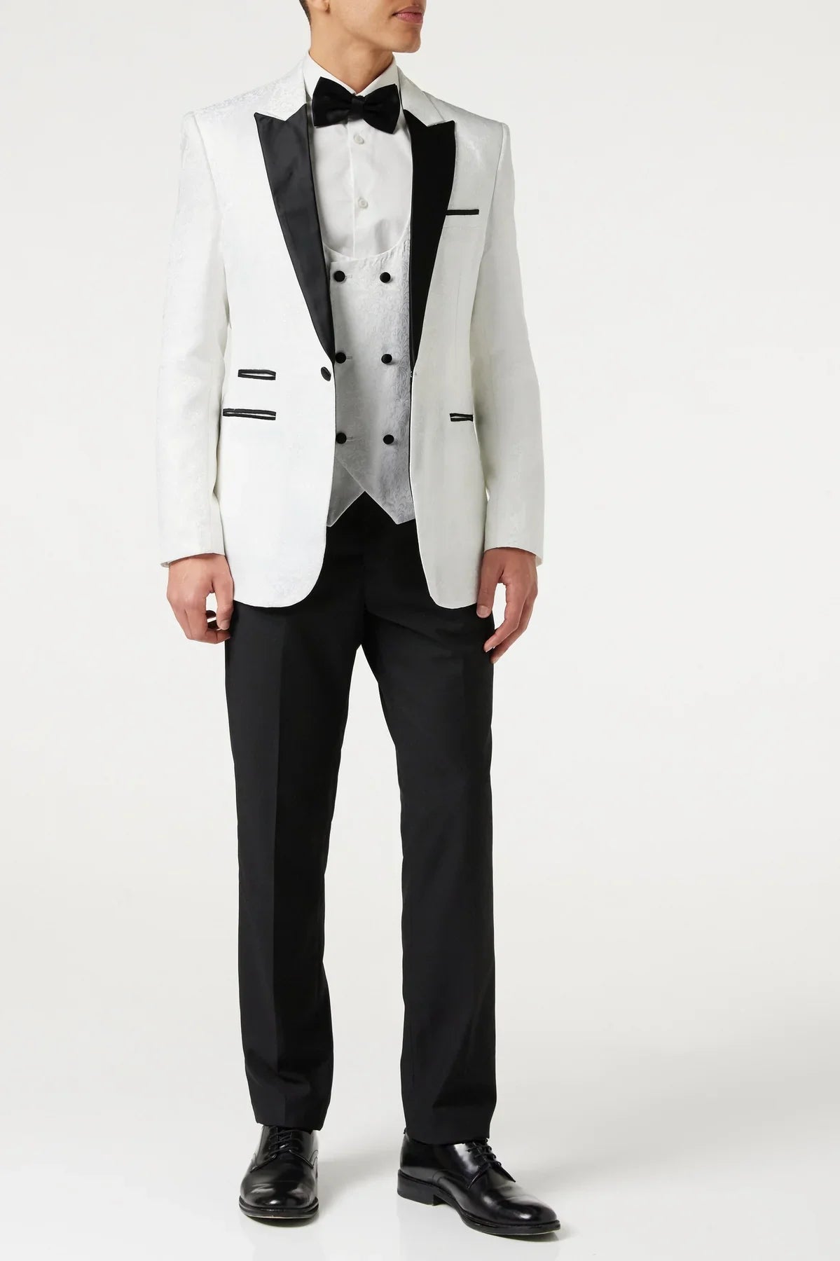 Men's Brian White Floral Jacquard Print Tuxedo 4-Piece Suit Bundle