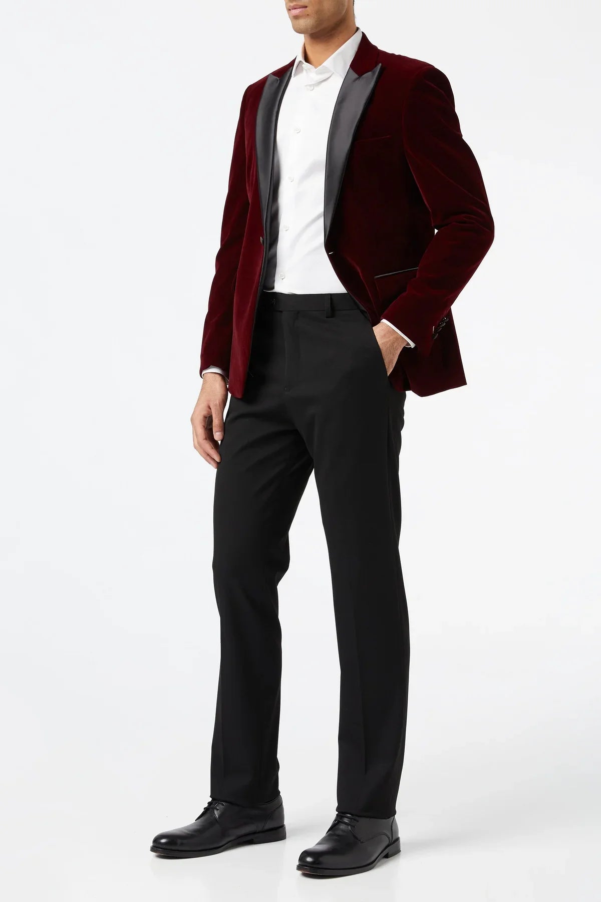 Men's Dinner Sam Burgundy Soft Velvet 4-Piece Tuxedo Suit Bundle