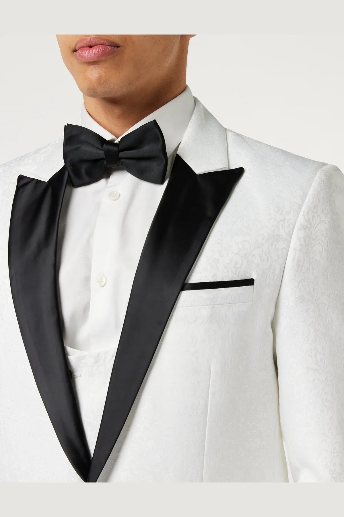 Men's Brian White Floral Jacquard Print Tuxedo 4-Piece Suit Bundle