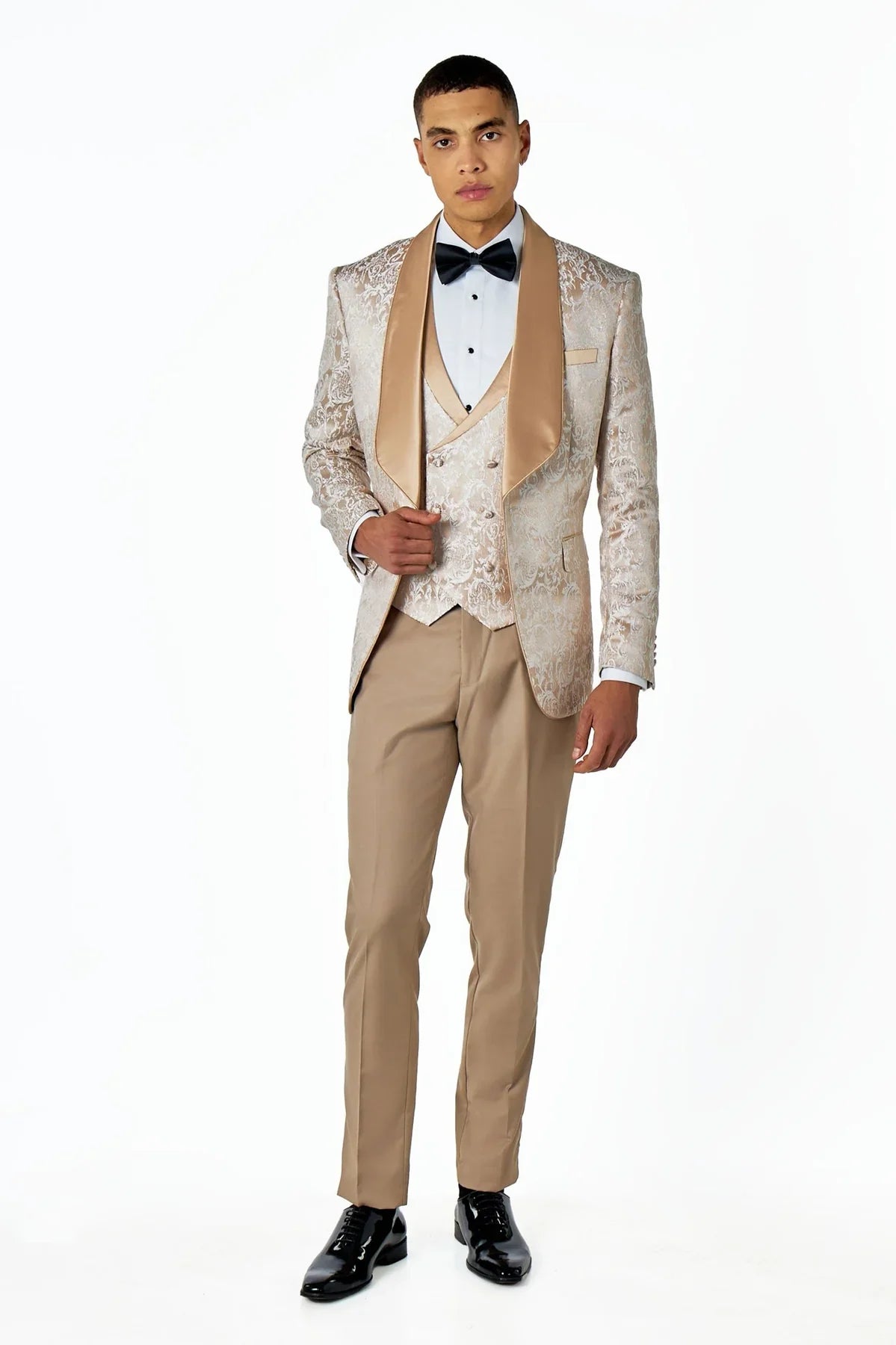 Men's Louis Champagne Gold Jacquard Single Breasted 5-Piece Tuxedo Suit Bundle