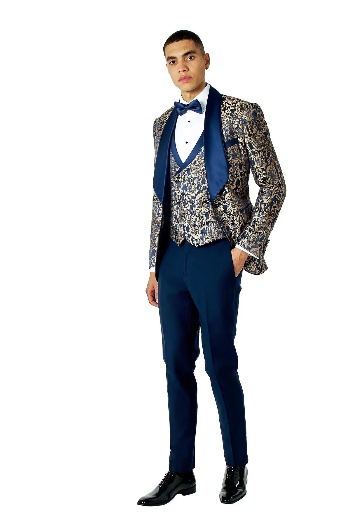Men's Louis Navy Jacquard Single Breasted 5-Piece Tuxedo Suit Bundle