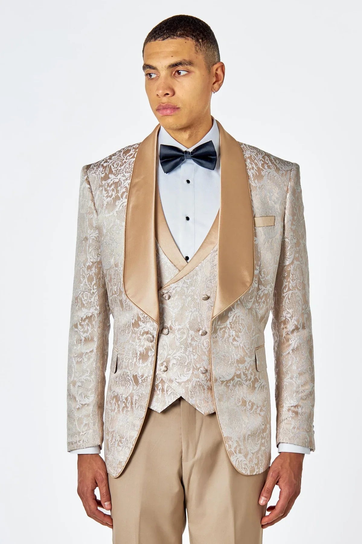 Men's Louis Champagne Gold Jacquard Single Breasted 5-Piece Tuxedo Suit Bundle