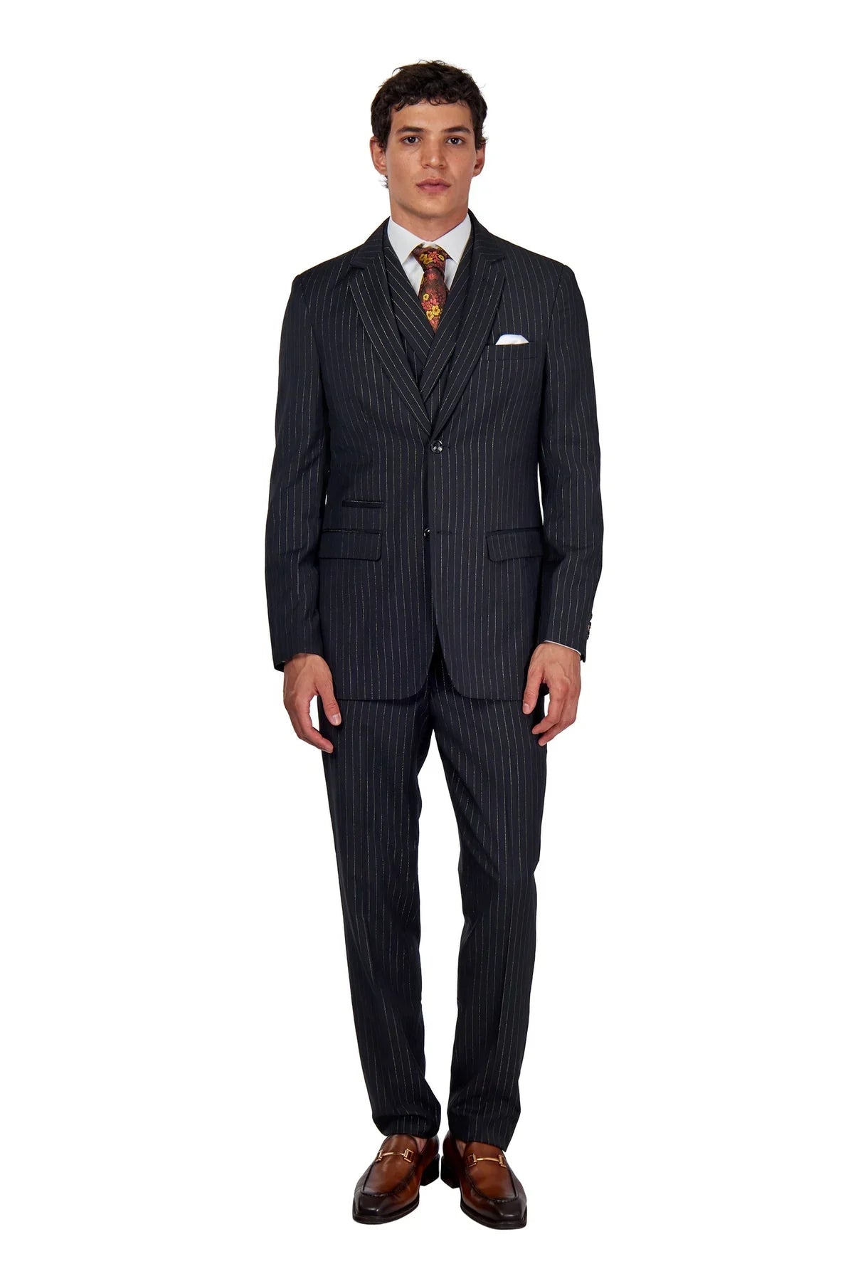 Men's Neil Black Gold Pinstripe Double Breasted 5-Piece Suit Bundle