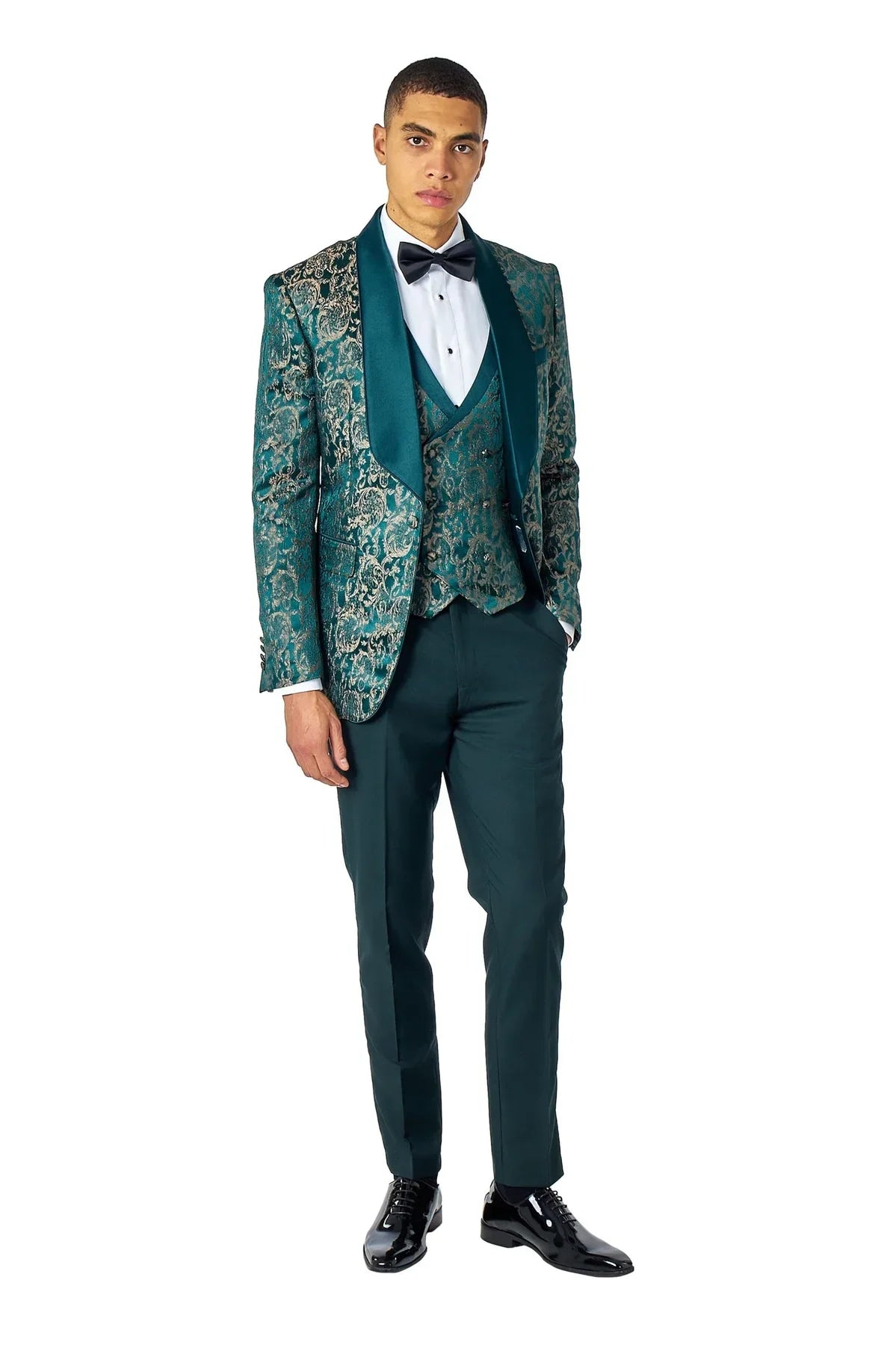 Men's Louis Green Jacquard Single Breasted 5-Piece Tuxedo Suit Bundle