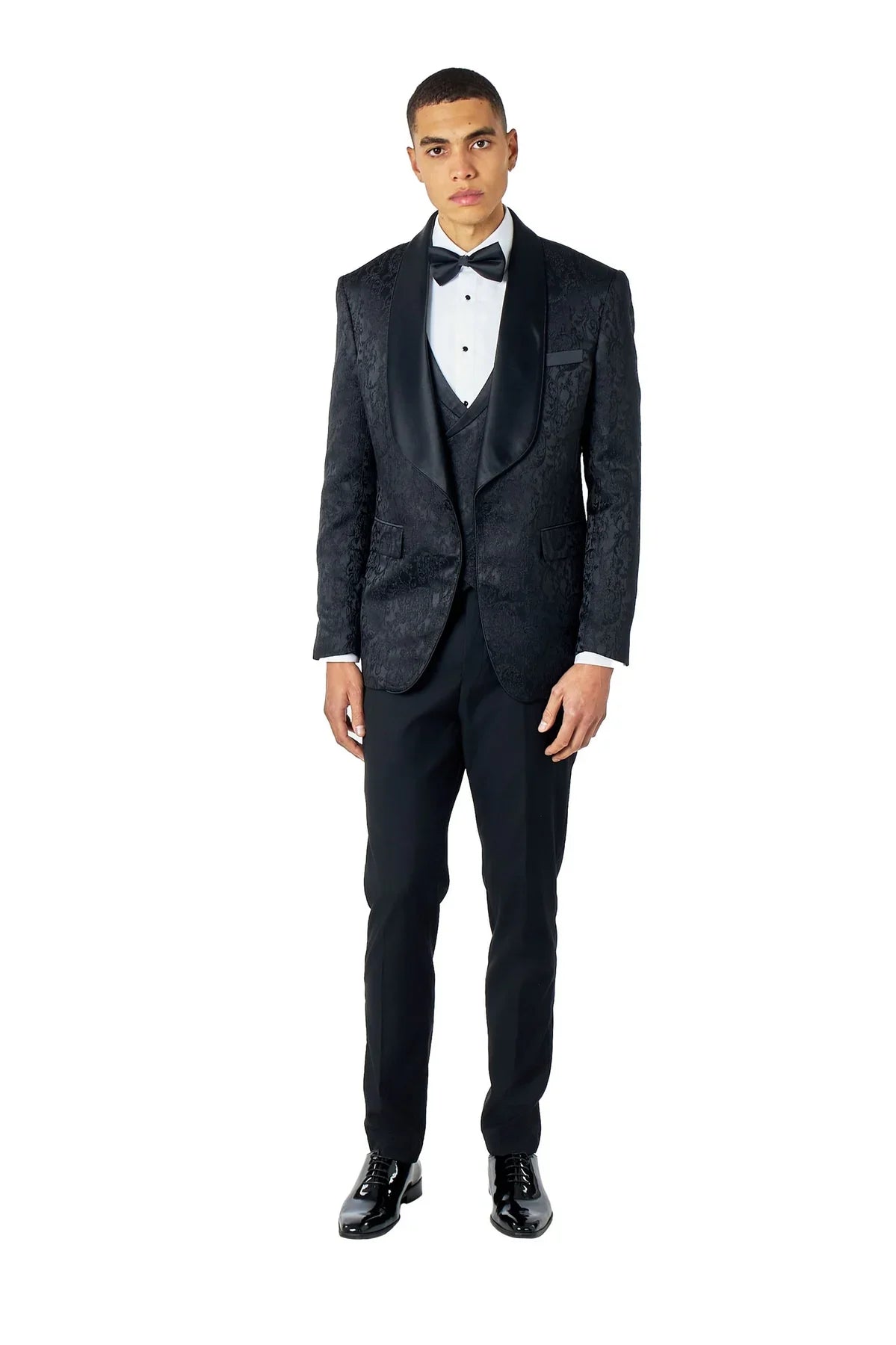 Men's Louis Black Jacquard Single Breasted 5-Piece Tuxedo Suit Bundle