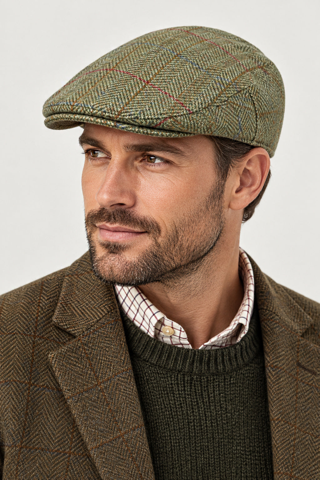 Men's Green Herringbone Tweed Flat Cap