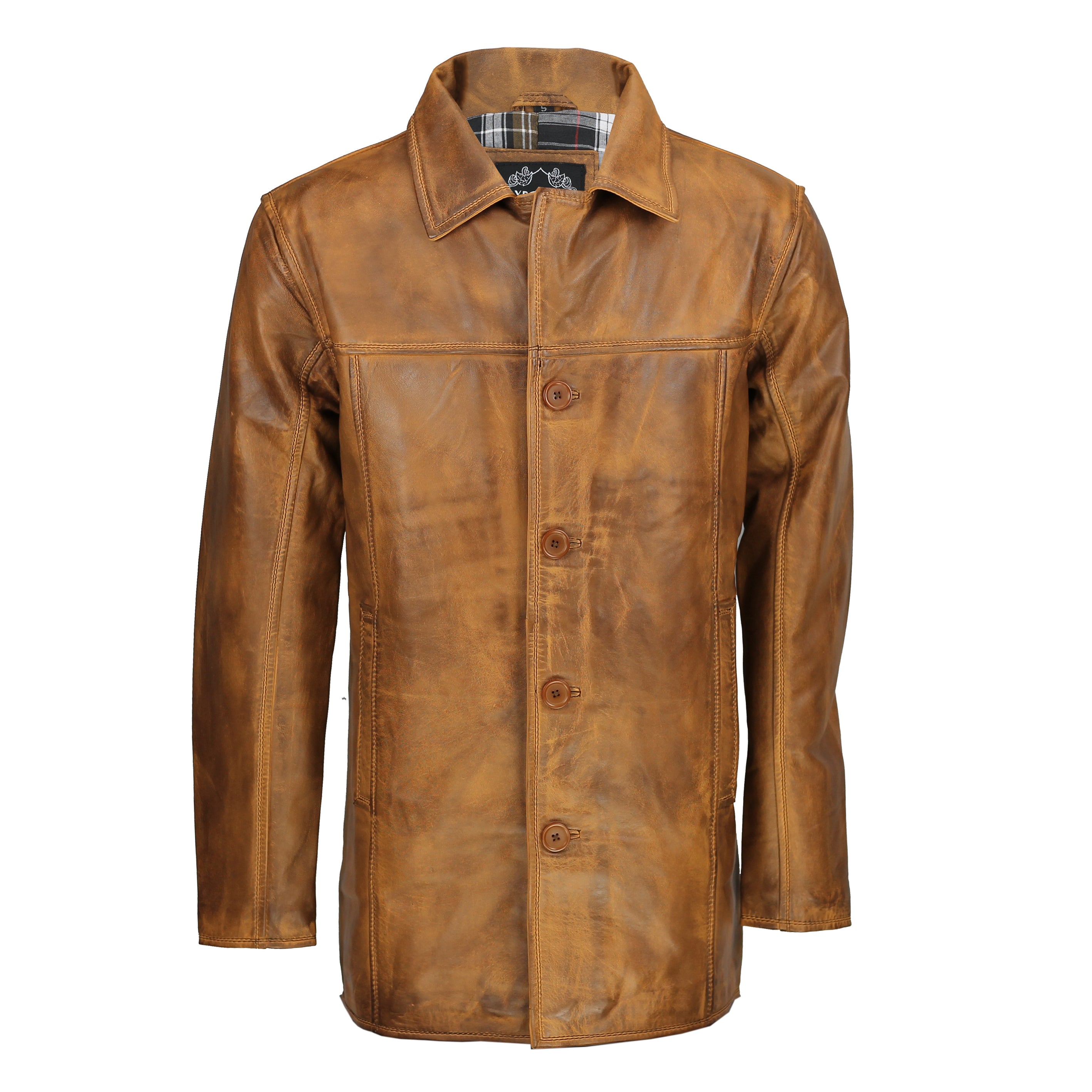 Mens Real Genuine Leather Tan Brown Vintage 4 Button Classic Reefer Jacket Coat