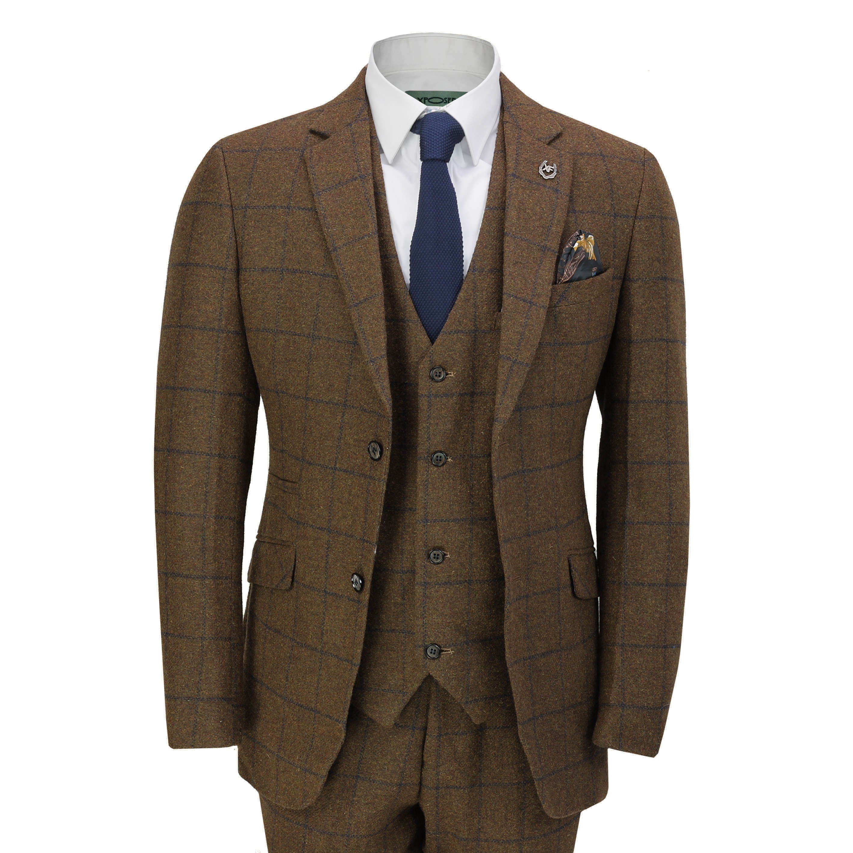 Mens Classic Tweed 3 Piece Suit Tan Brown Herringbone Check Retro Peaky Blinders