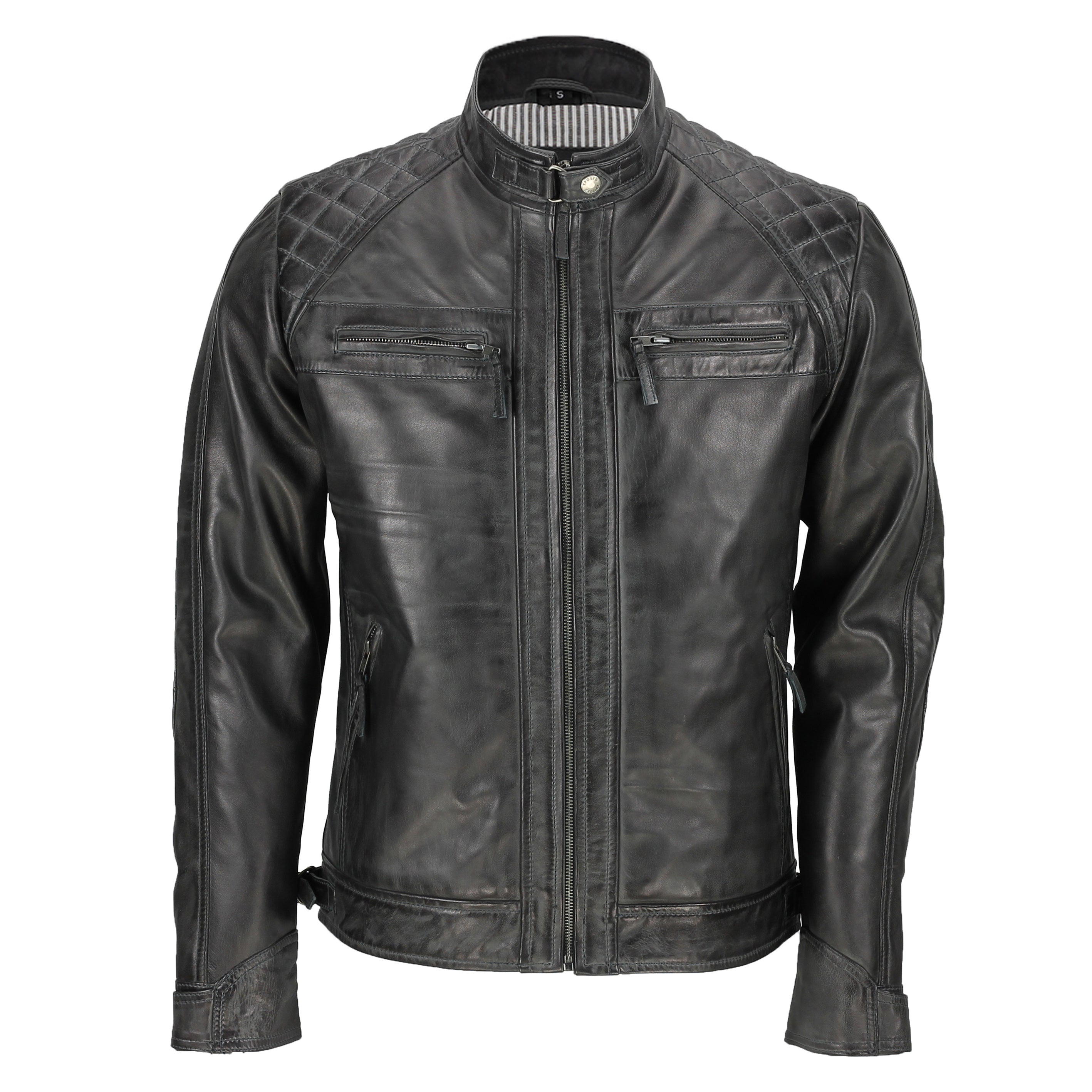 Mens Real Leather Washed Dark Grey Vintage Zipped Smart Casual Biker Jacket