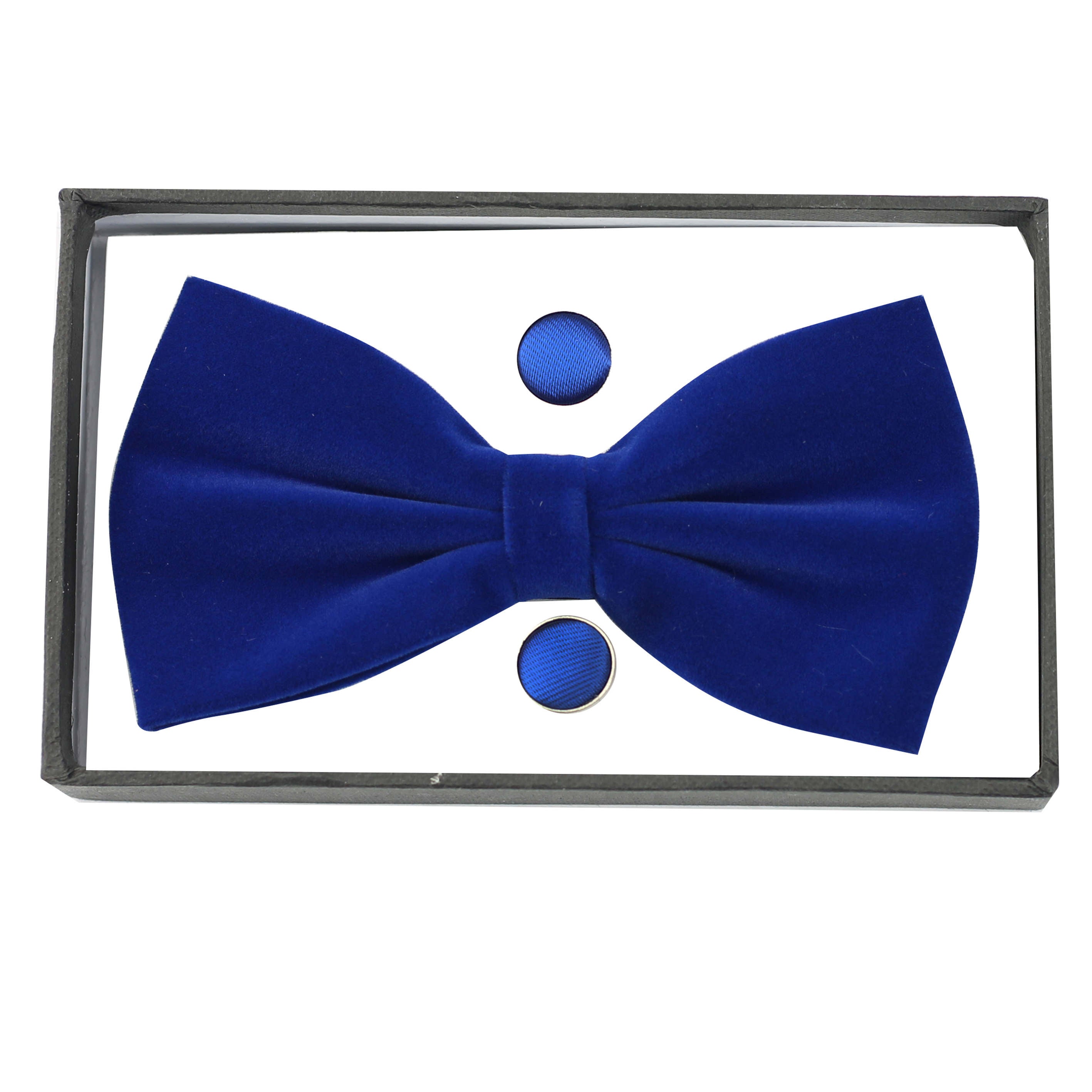 Blue Velvet Bow Tie With Cufflink Pocket Square