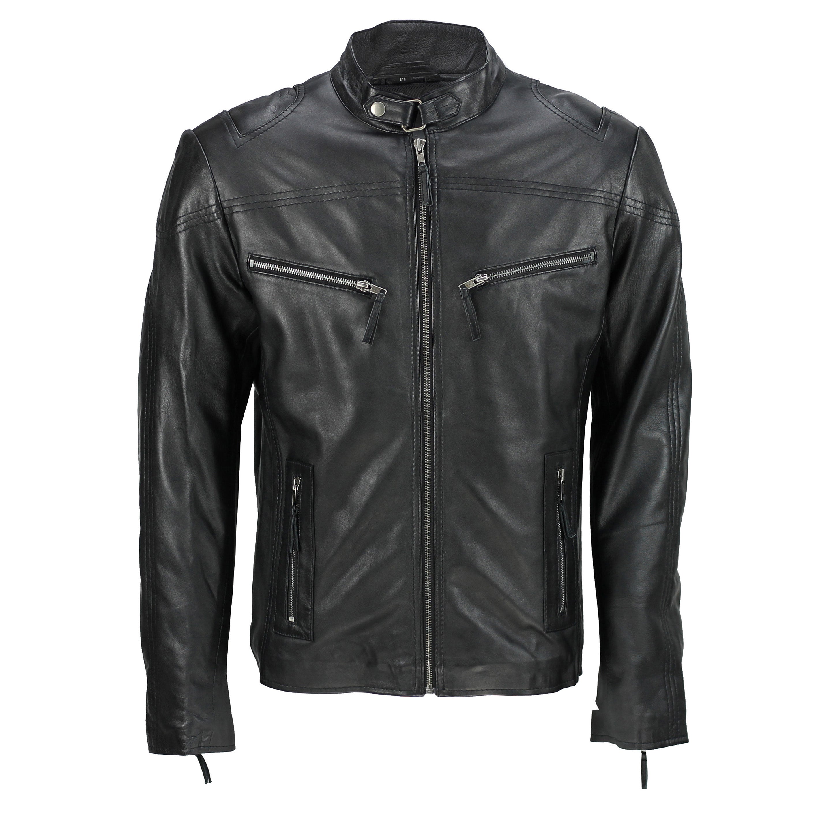 Mens Vintage Real Leather Black Biker Style Zipped Pockets Casual Fitted Jacket