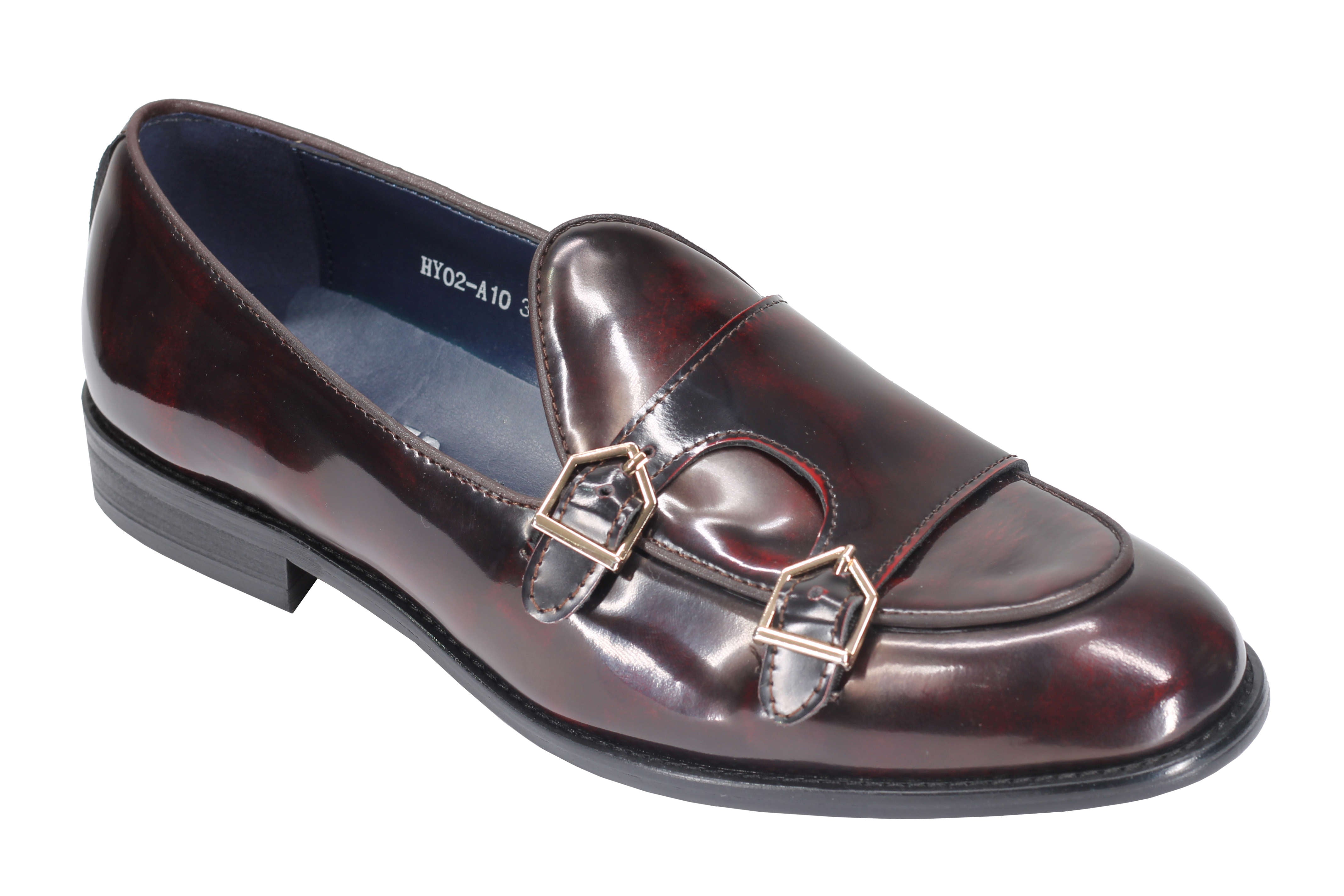 Mens Double Monk Loafers in Maroon Wine Patent Real Leather Slip on Shoes