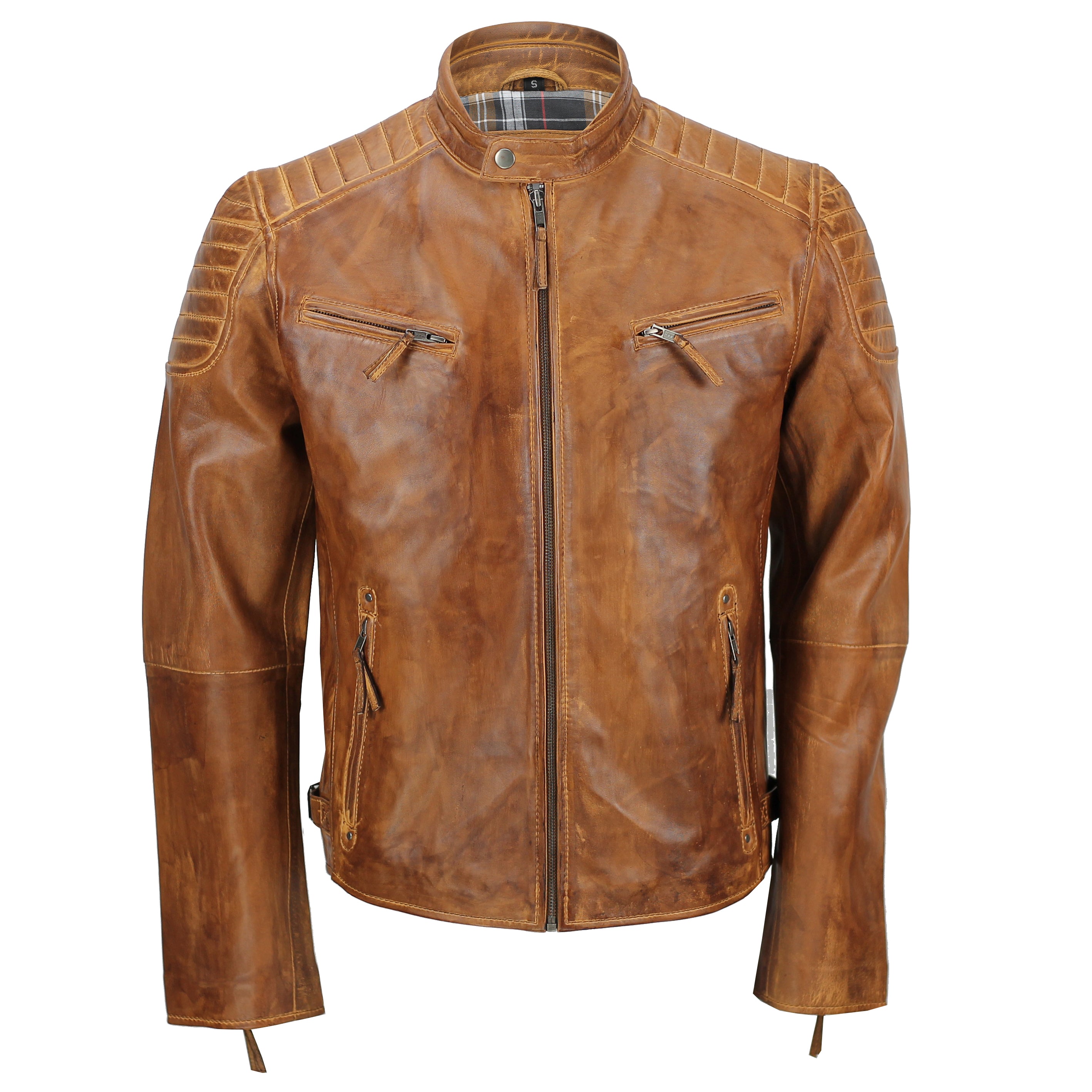 Mens Real Leather Slim Fit Antique Washed Tan Brown Retro Zip Biker Jacket