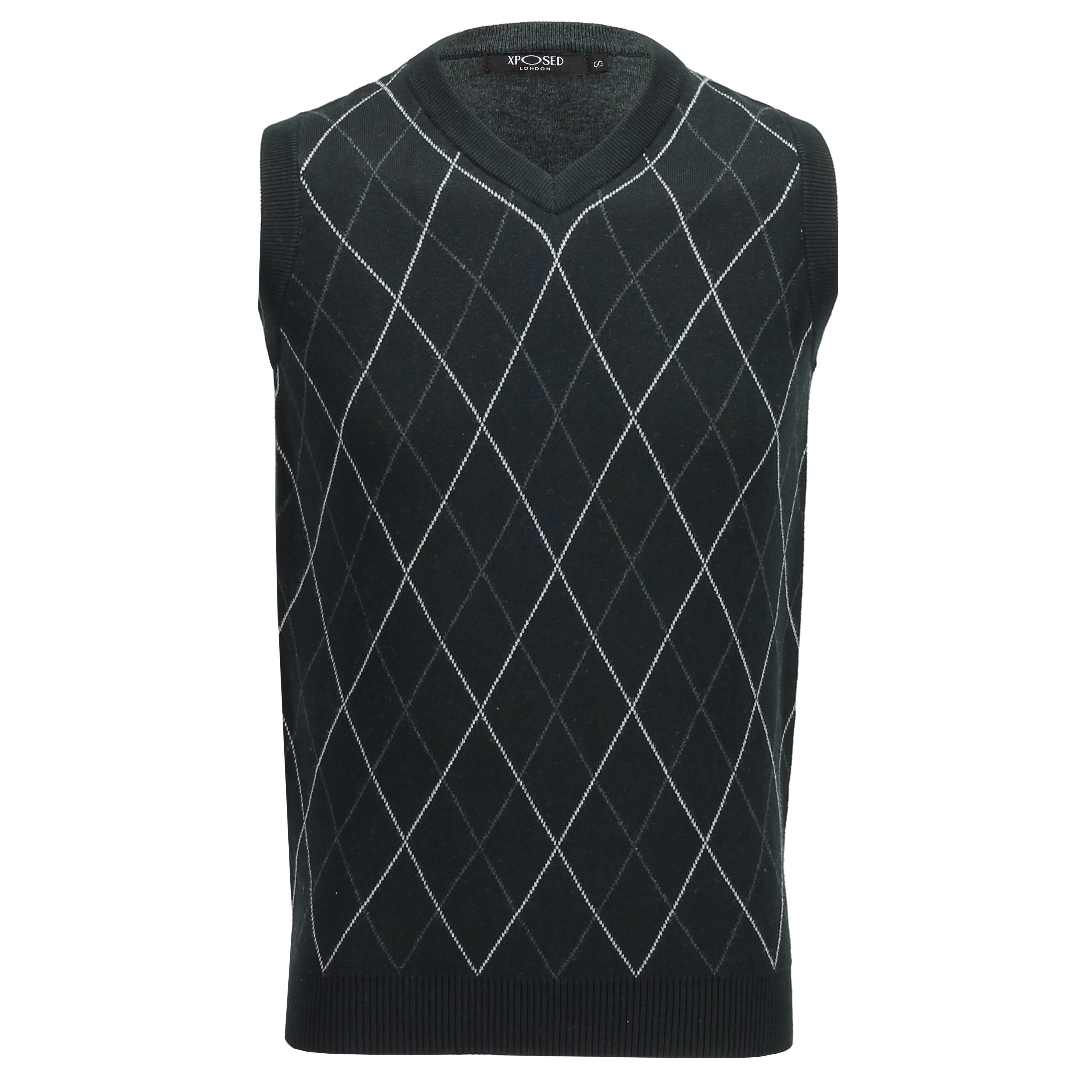 Sleeveless Argyle Golf V Neck Black Jumper Vest