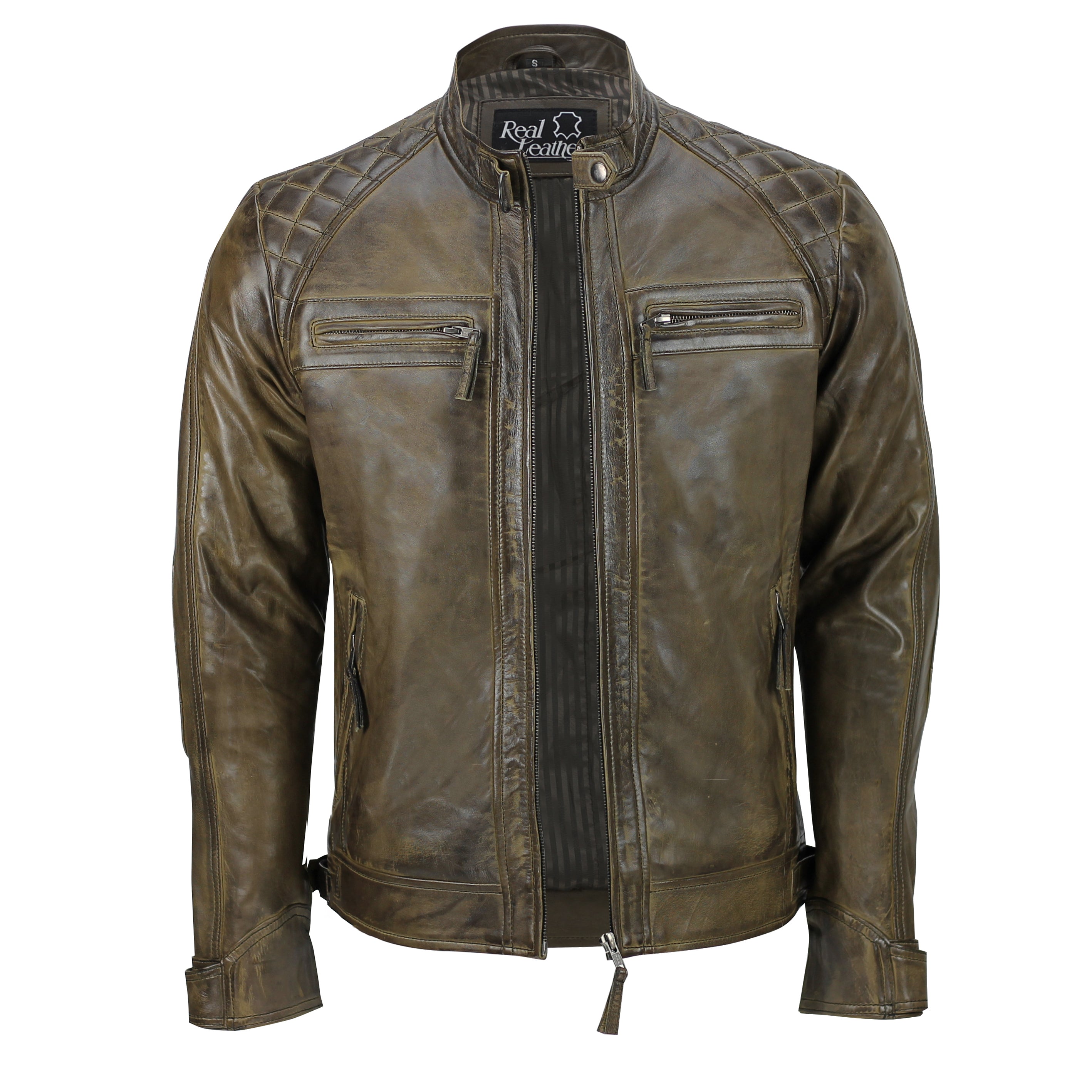 Mens Real Soft Leather Antique Brown Vintage Zipped Smart Casual Biker Jacket