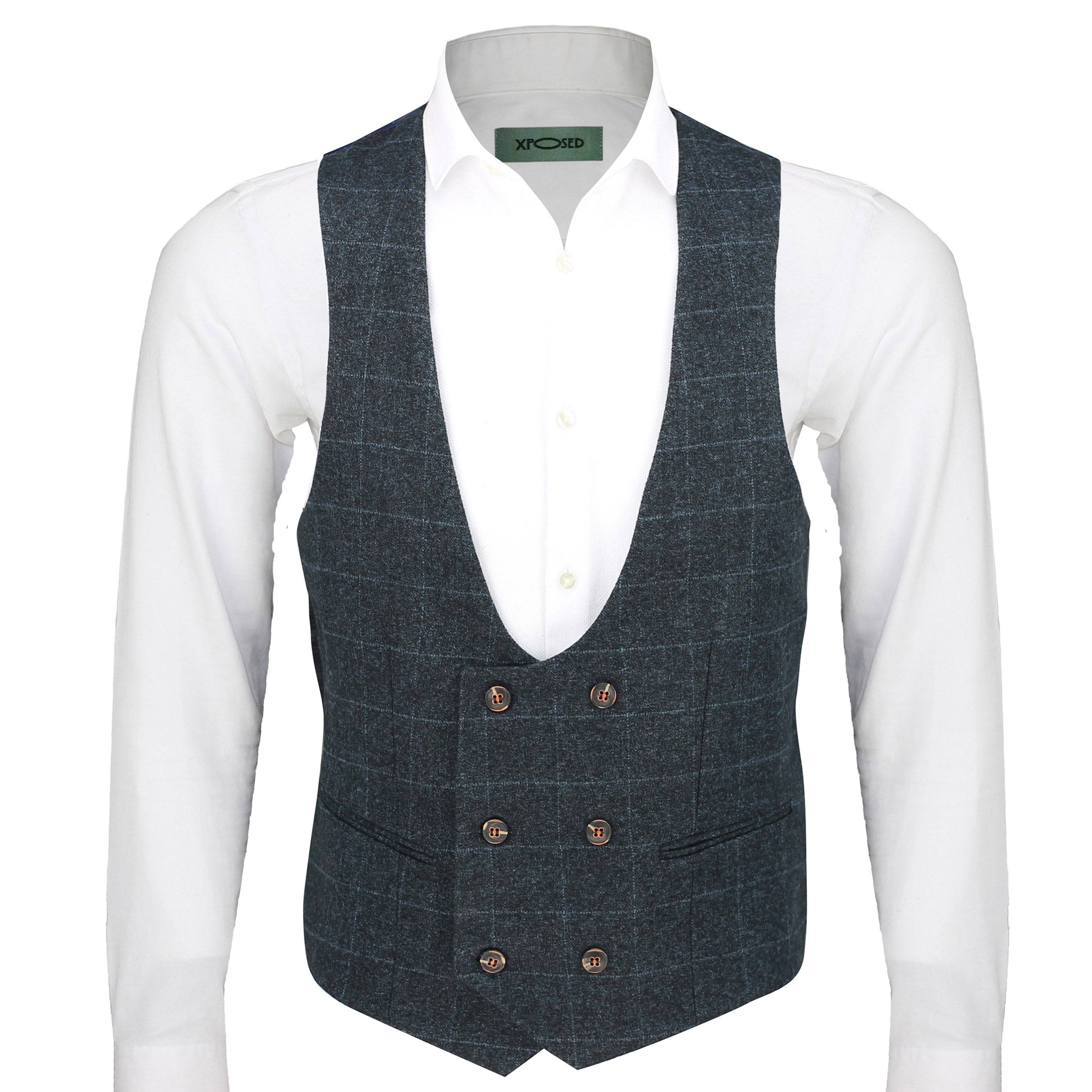 Tweed Check Double Breasted Waistcoat In Blue