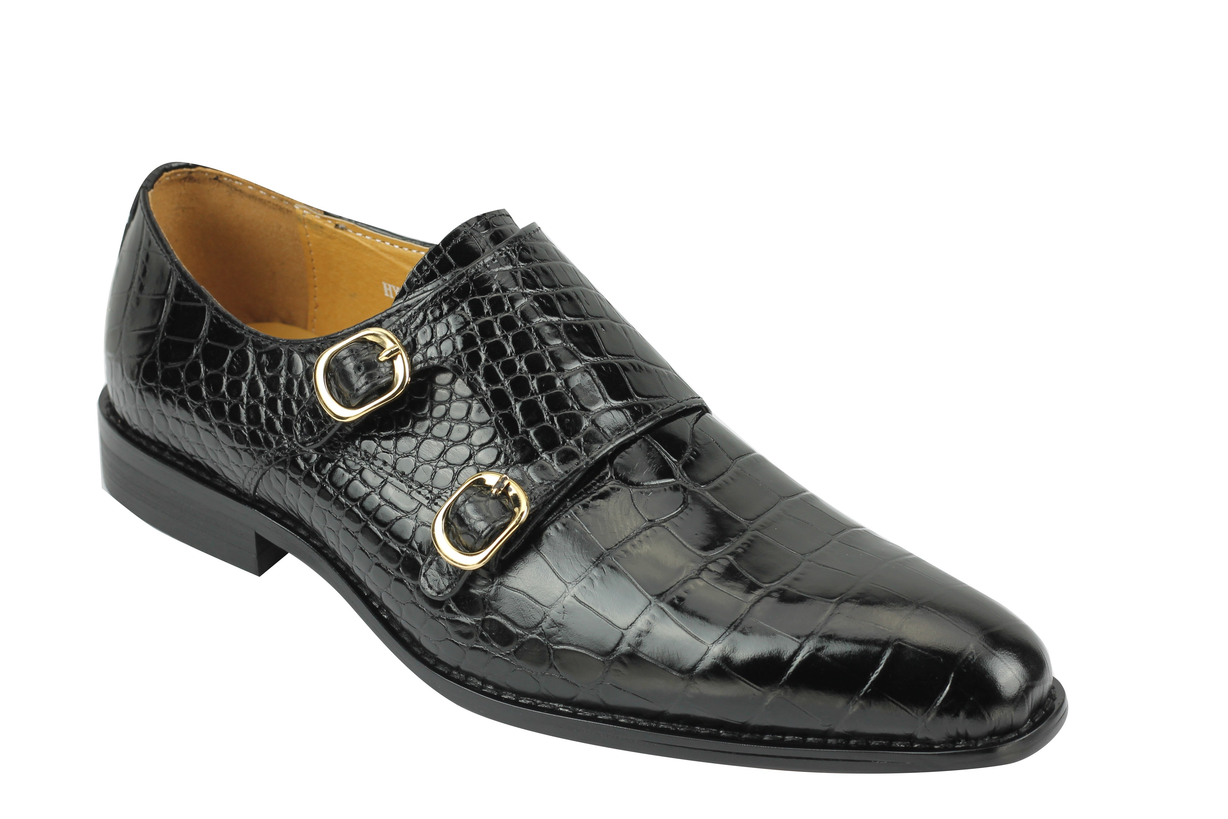 Mens Real Leather Polished Crocodile Print Black Monk Strap Loafers Formal Shoes