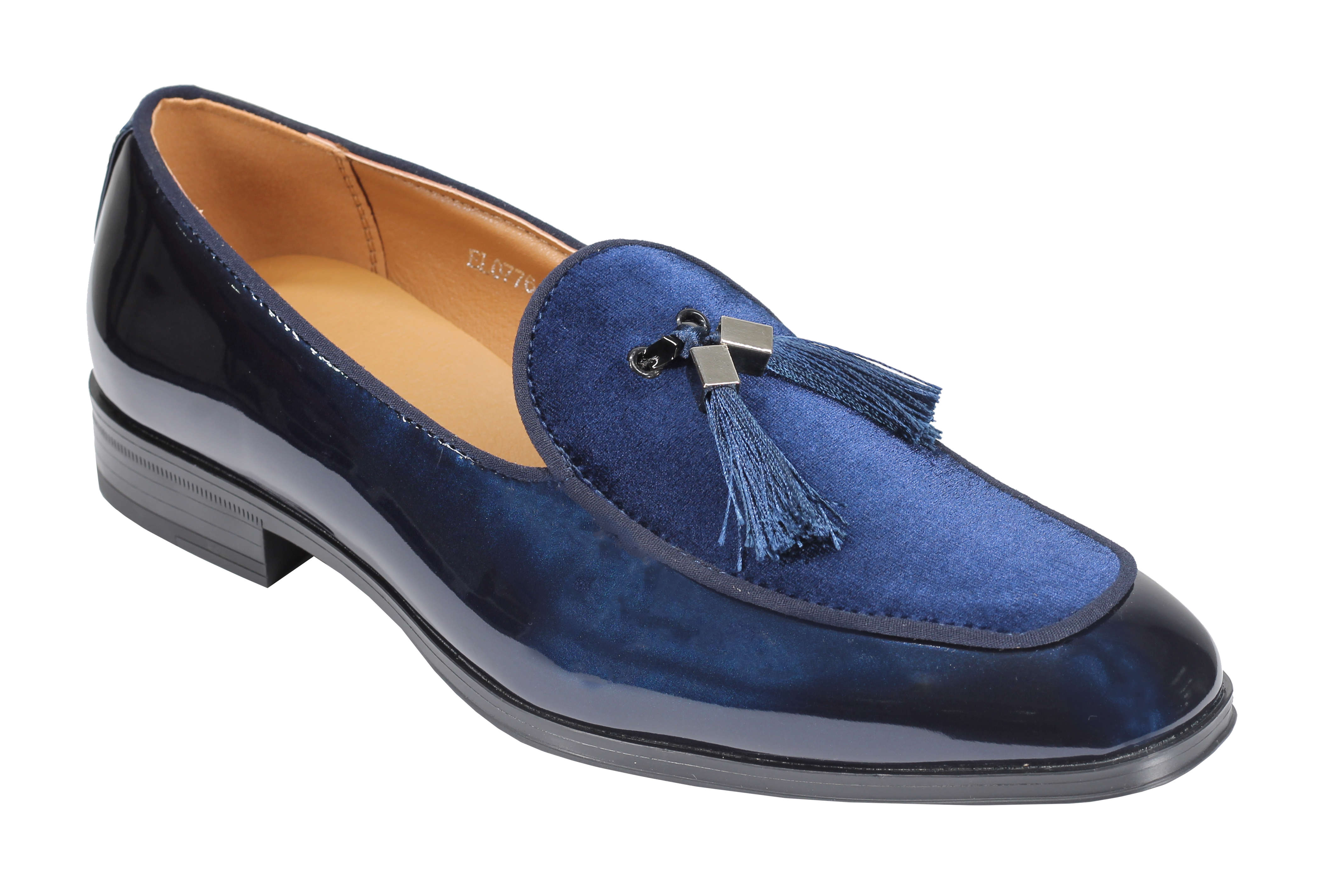 NAVY SHINY FAUX LEATHER TASSEL LOAFERS