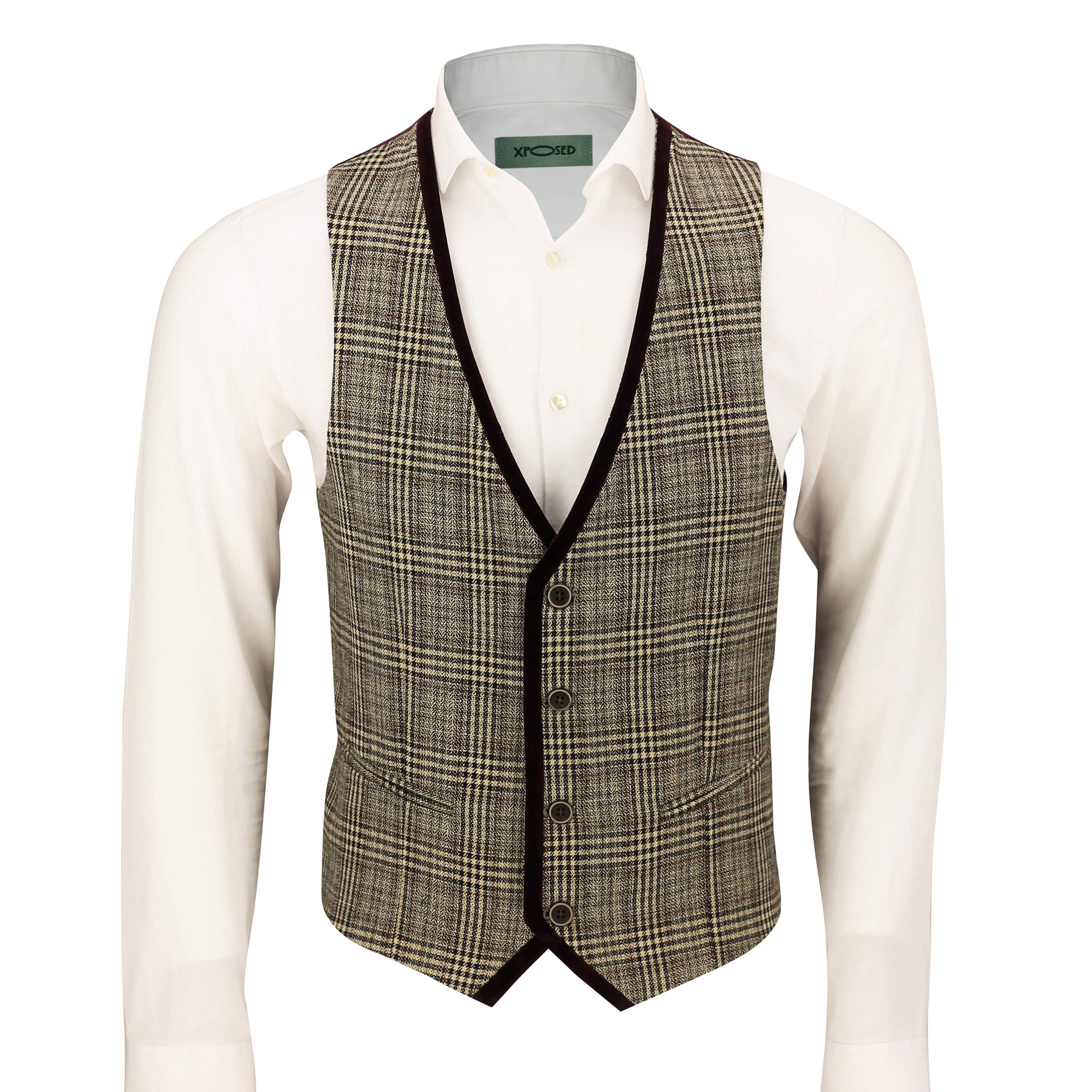Herringbone Tweed Check Waistcoat In Brown