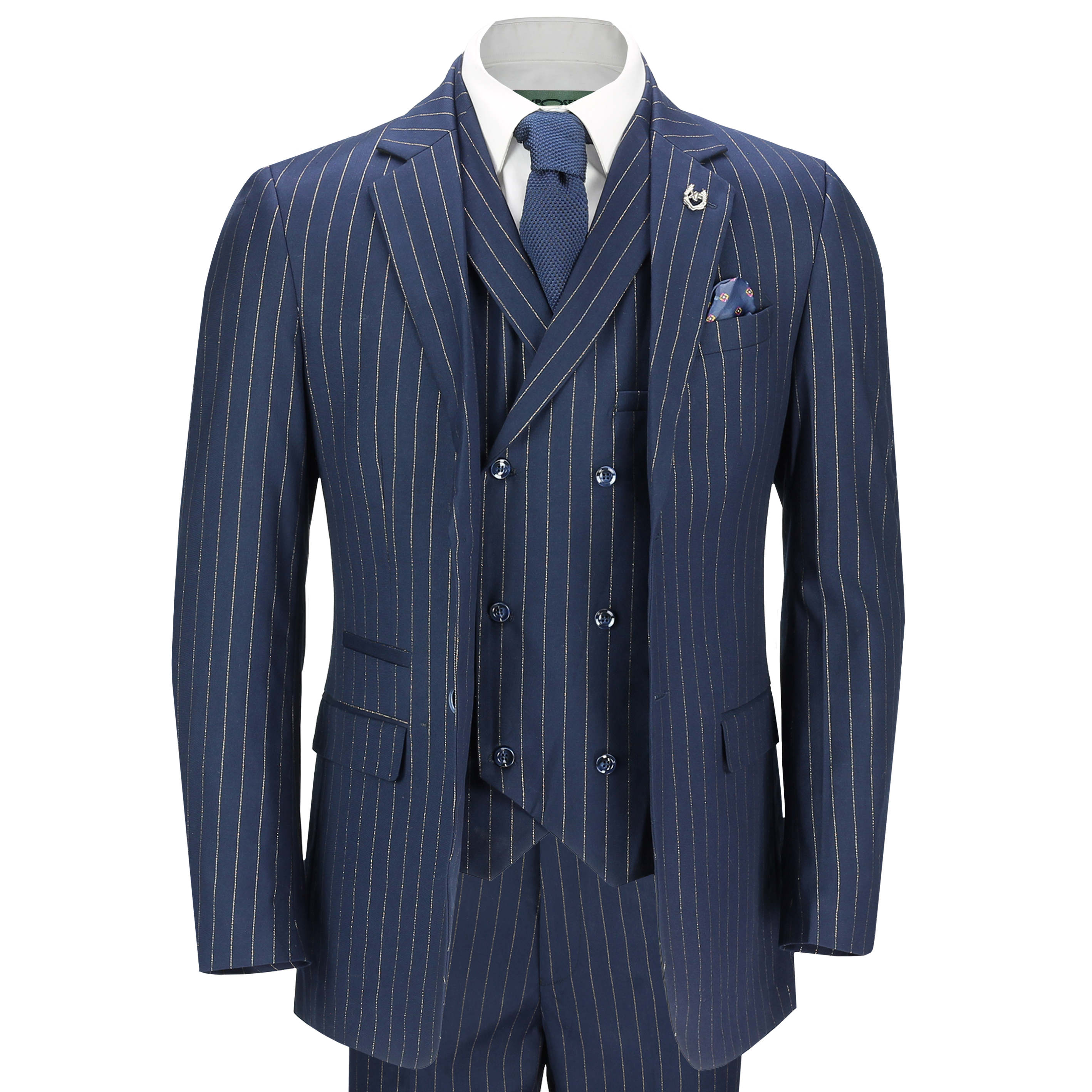 Mens 3 Piece Navy Blue Pin Stripe Suit Gold Lines Smart Retro Party Tailored Fit