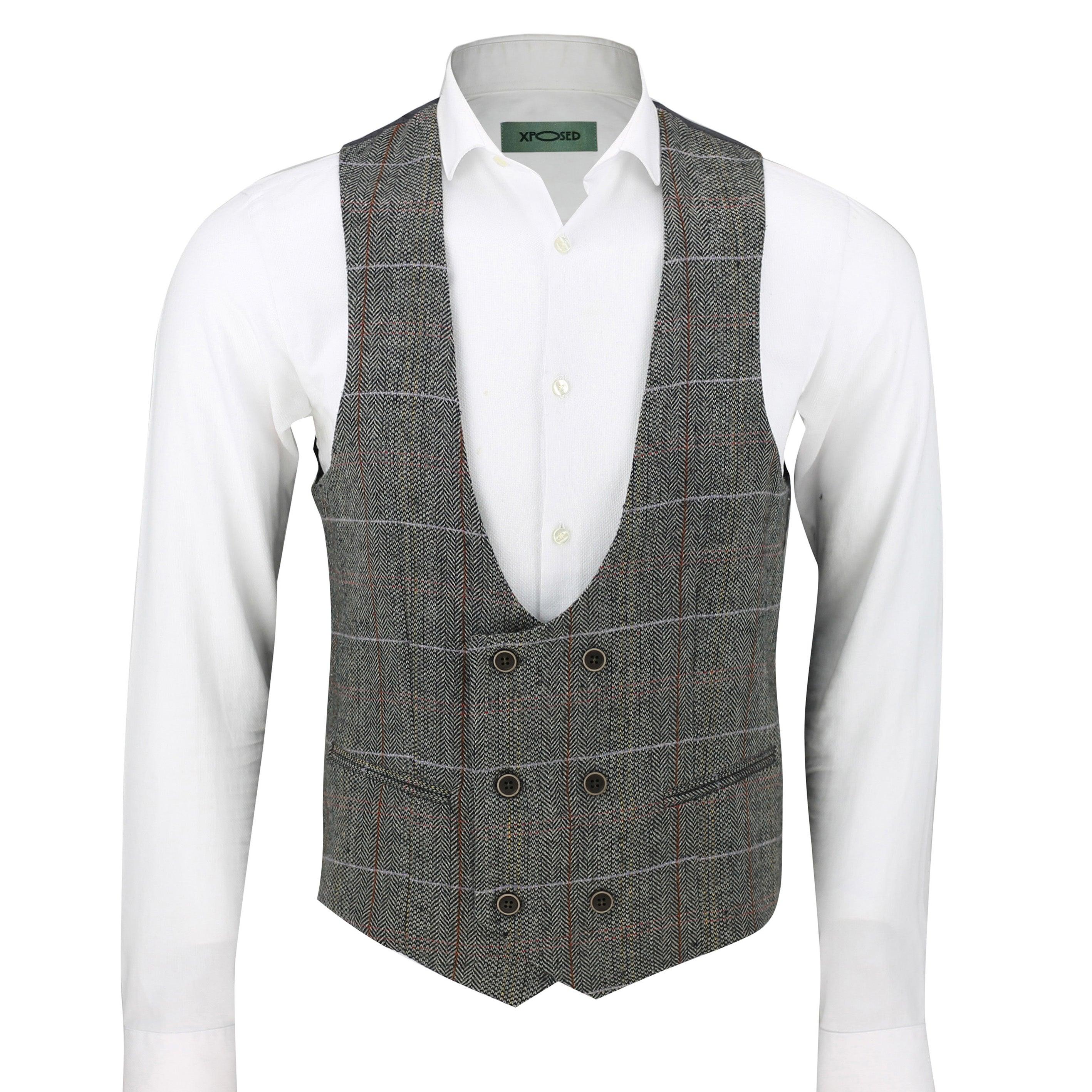Tweed Check Double Breasted Black Waistcoat