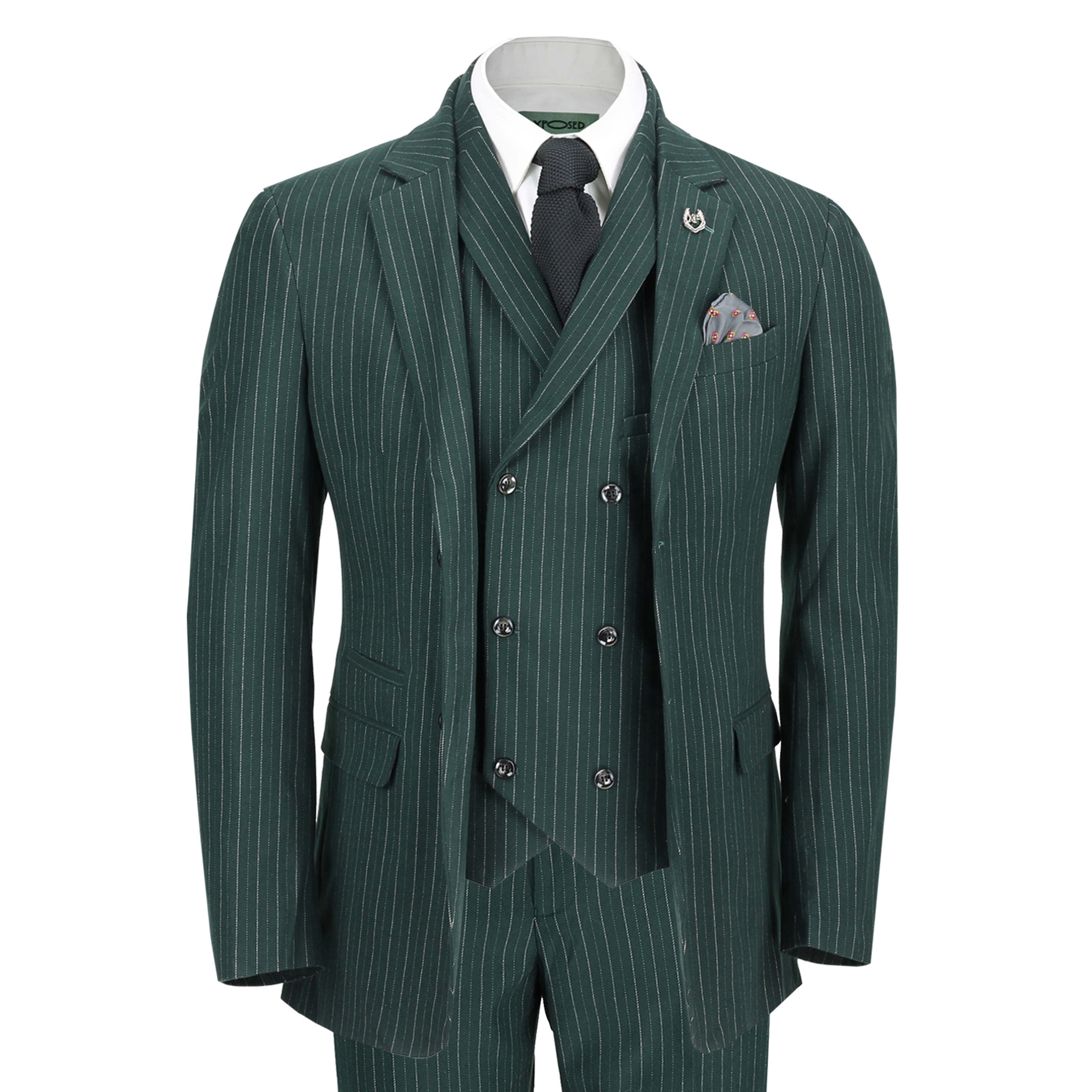 Mens 3 Piece Suit Green Pinstripe 1920S Tailored Fit Jacket Trouser Waistcoat