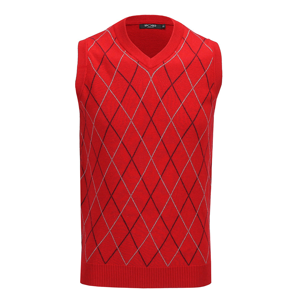 Sleeveless Argyle Golf V Neck Red Jumper Vest