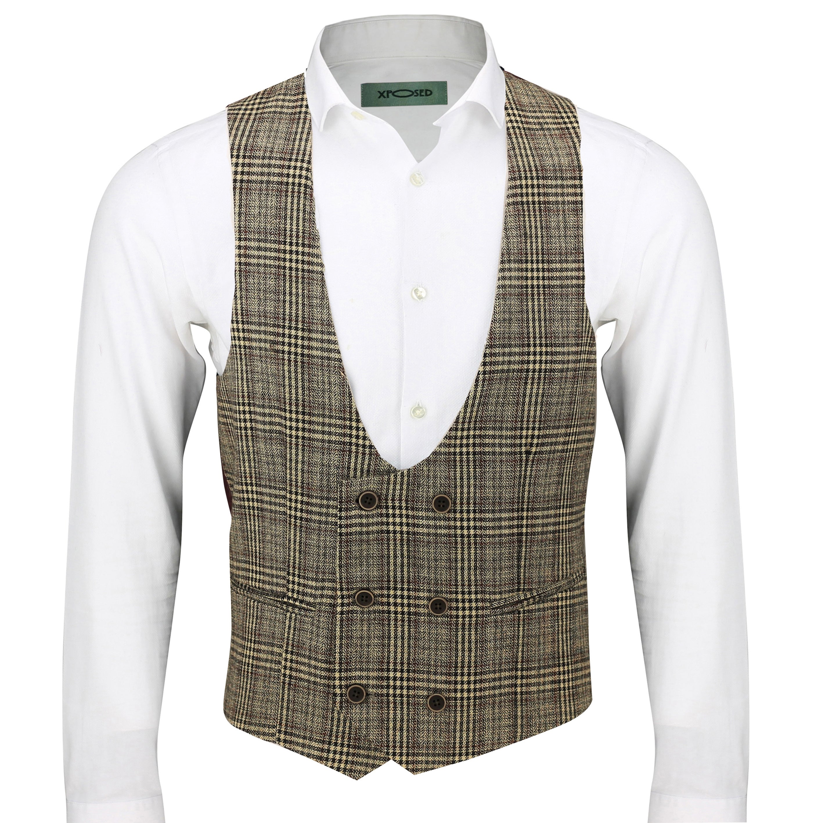 Herringbone Tweed Check Double Breasted Waistcoat In Brown
