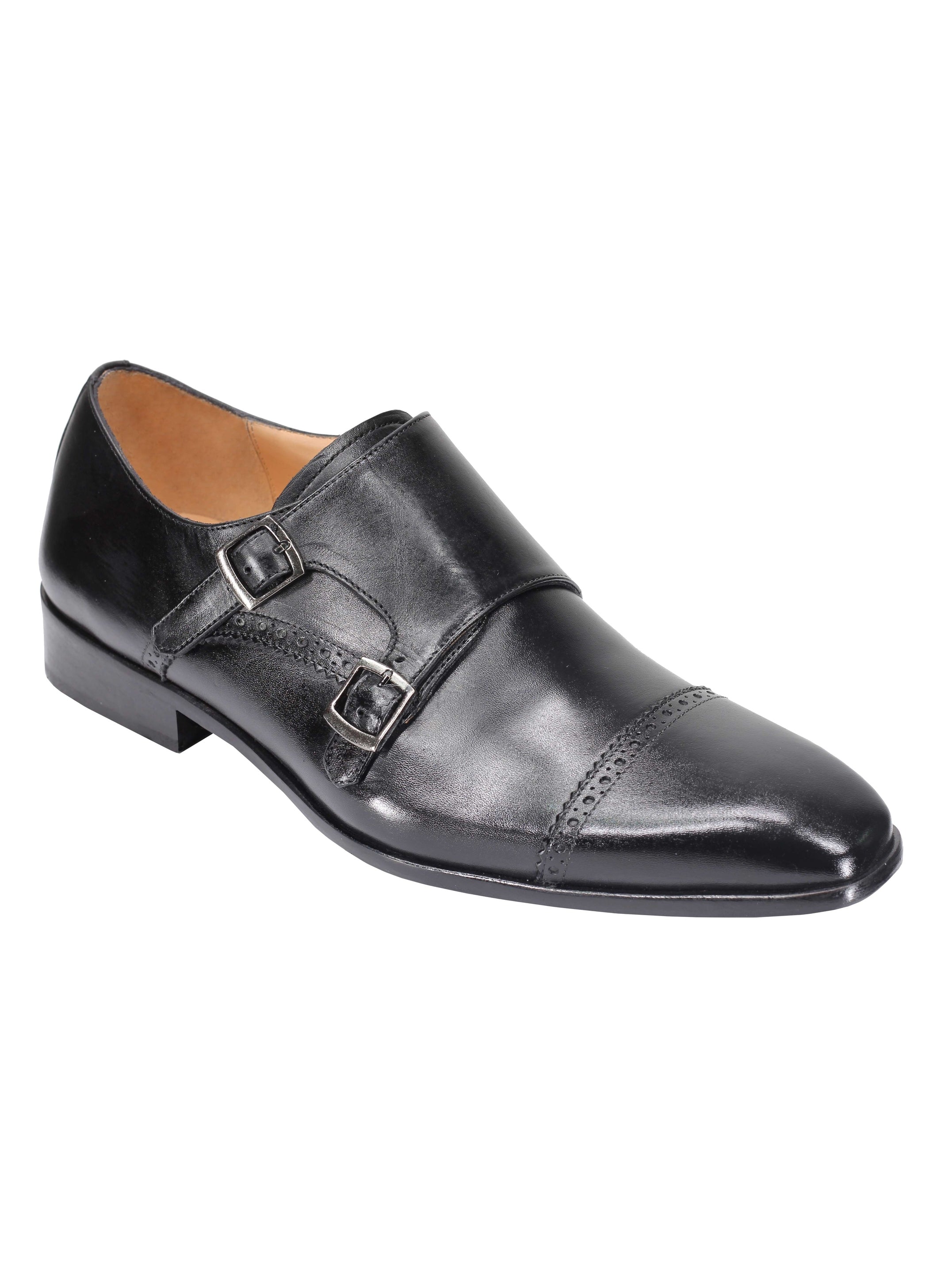BLACK CALF LEATHER SEMI BROGUE MONK SHOES