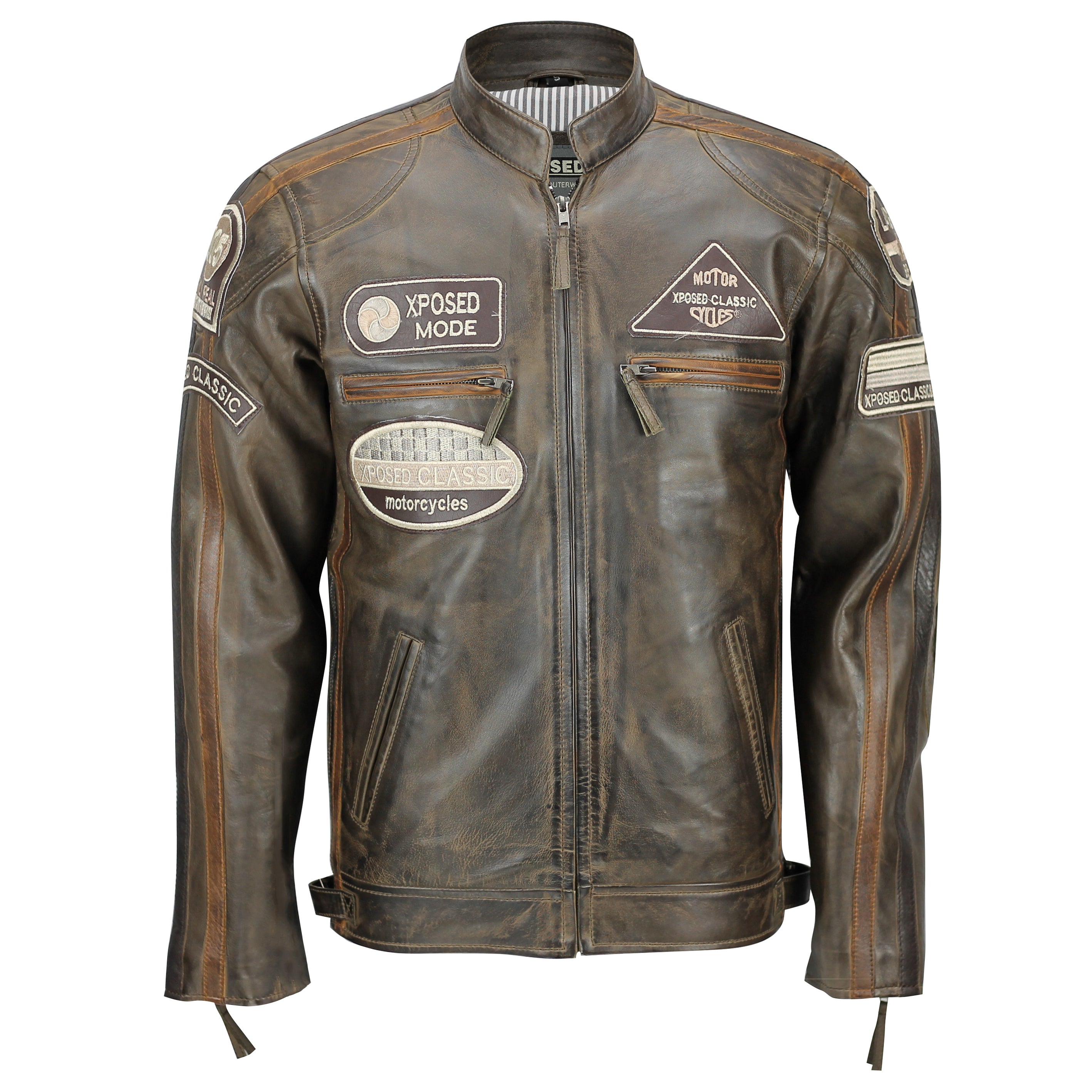 XPOSED REAL LEATHER BIKER SLIM FIT JACKET IN BROWN