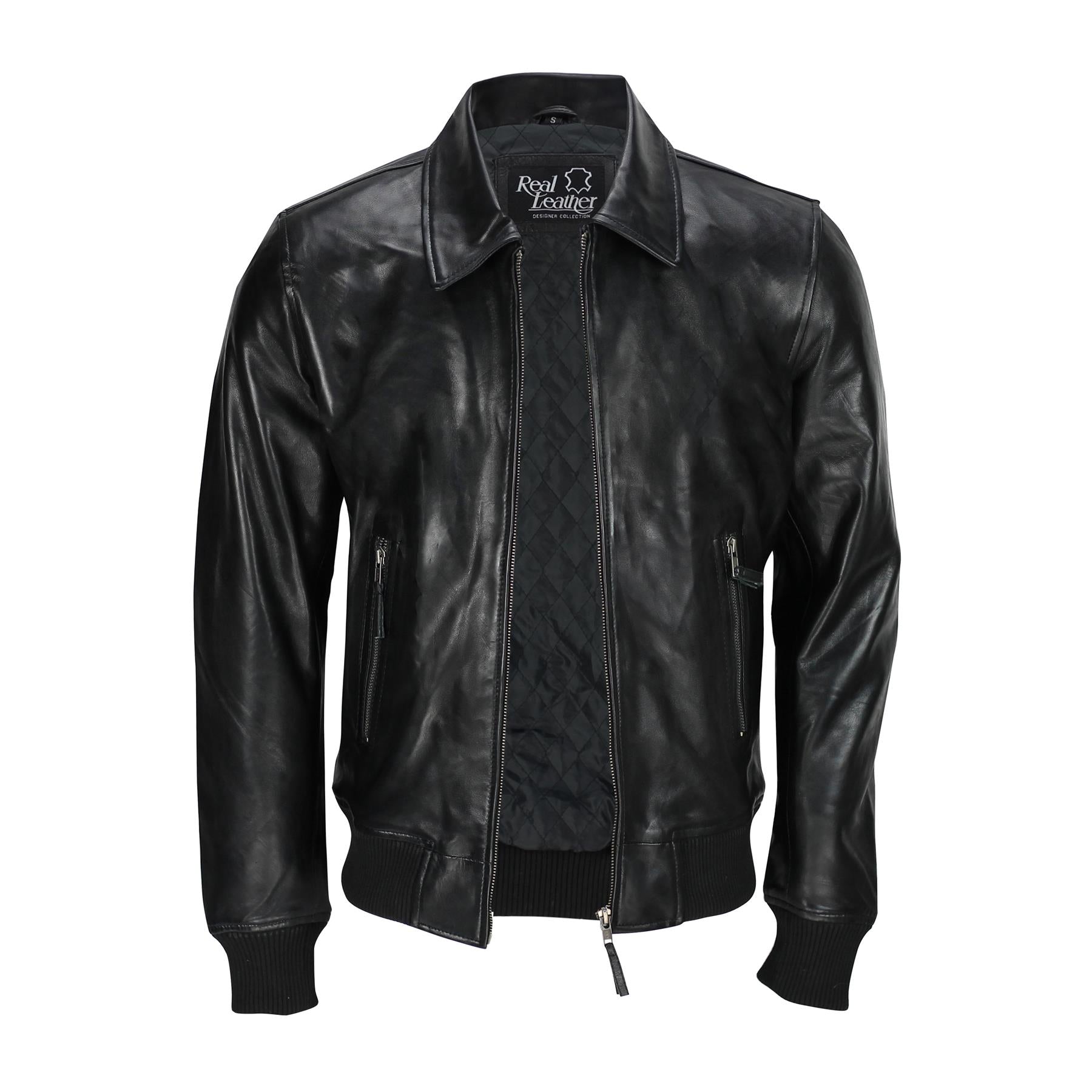 Mens Black Soft Real Leather Vintage Classic Bomber Style Biker Jacket All Sizes