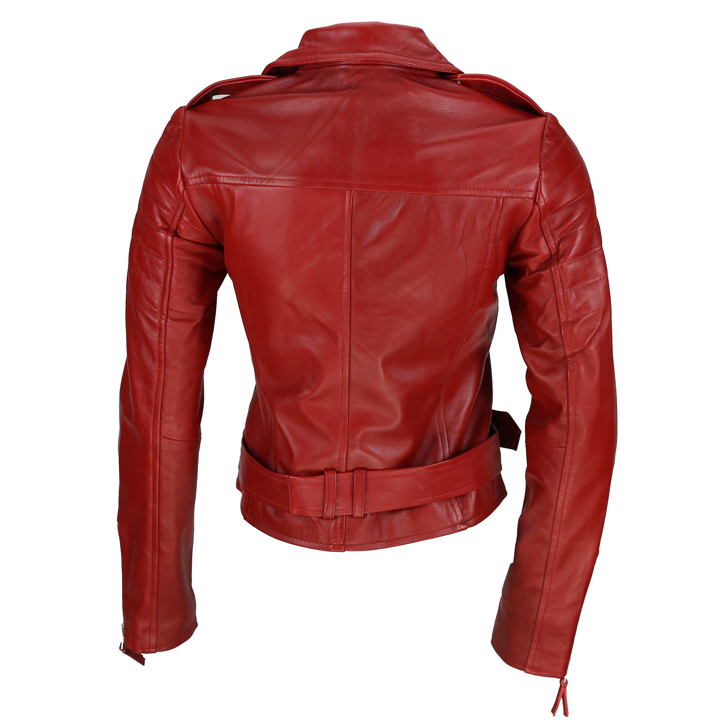 BLOUSON EN CUIR ROUGE BIKER POUR FEMME