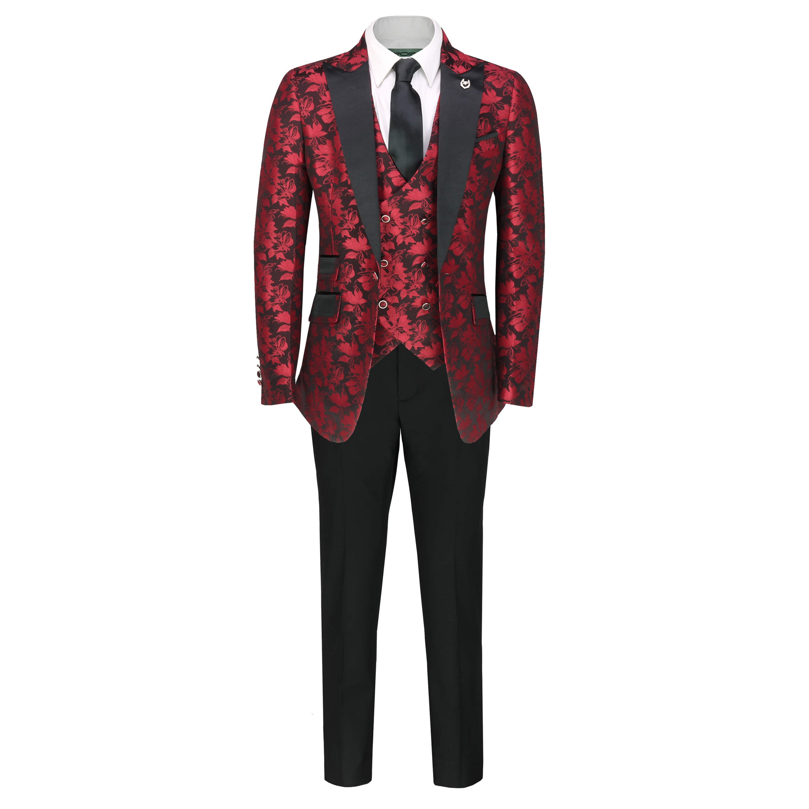 Mens Grooms 3 Piece Wedding Suit Vintage Paisley Classic Tailored Tuxedo Jacket Red