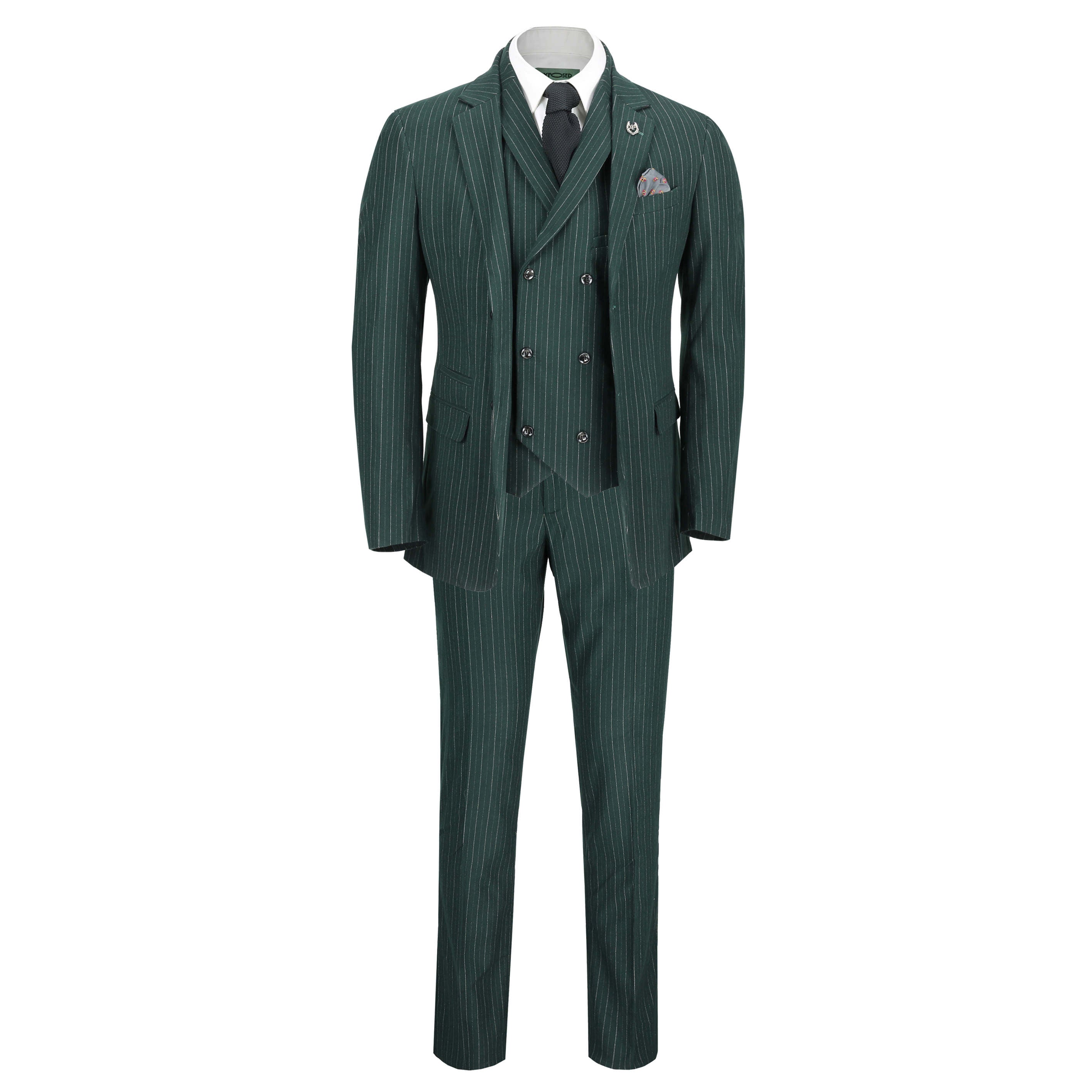 Mens 3 Piece Suit Green Pinstripe 1920S Tailored Fit Jacket Trouser Waistcoat