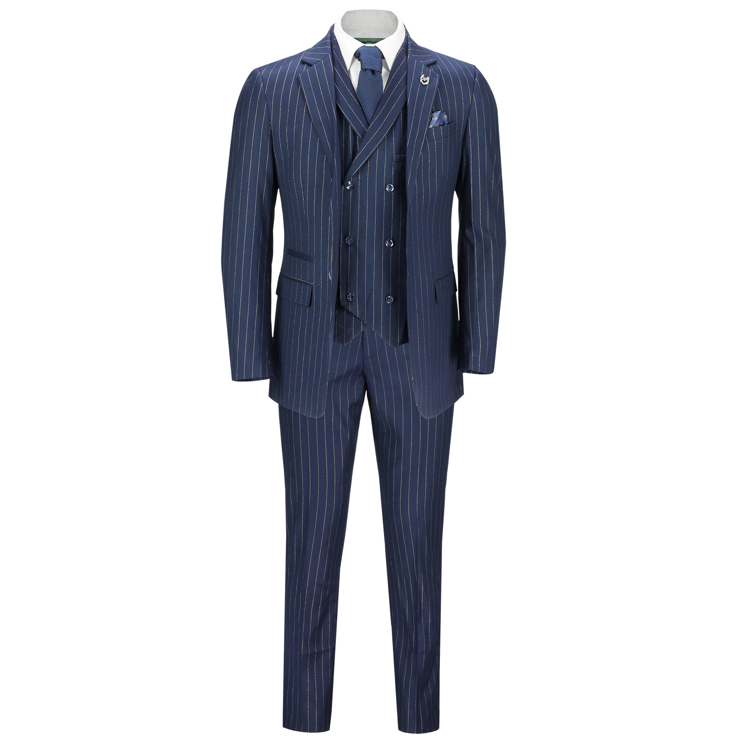 Mens 3 Piece Navy Blue Pin Stripe Suit Gold Lines Smart Retro Party Tailored Fit