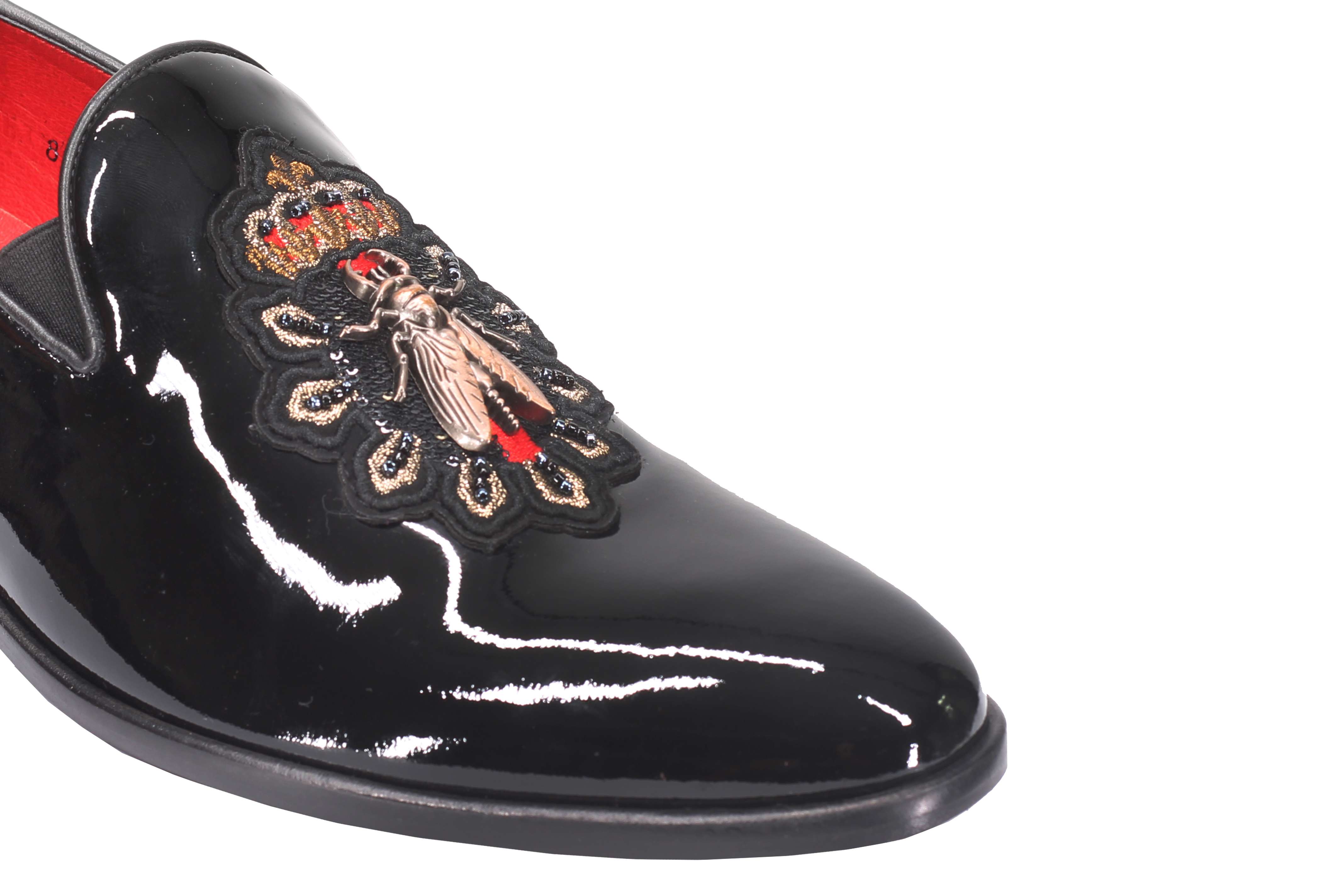 BLACK LEATHER SOLE SHOES WITH EMBROIDERY CROWN & BEE