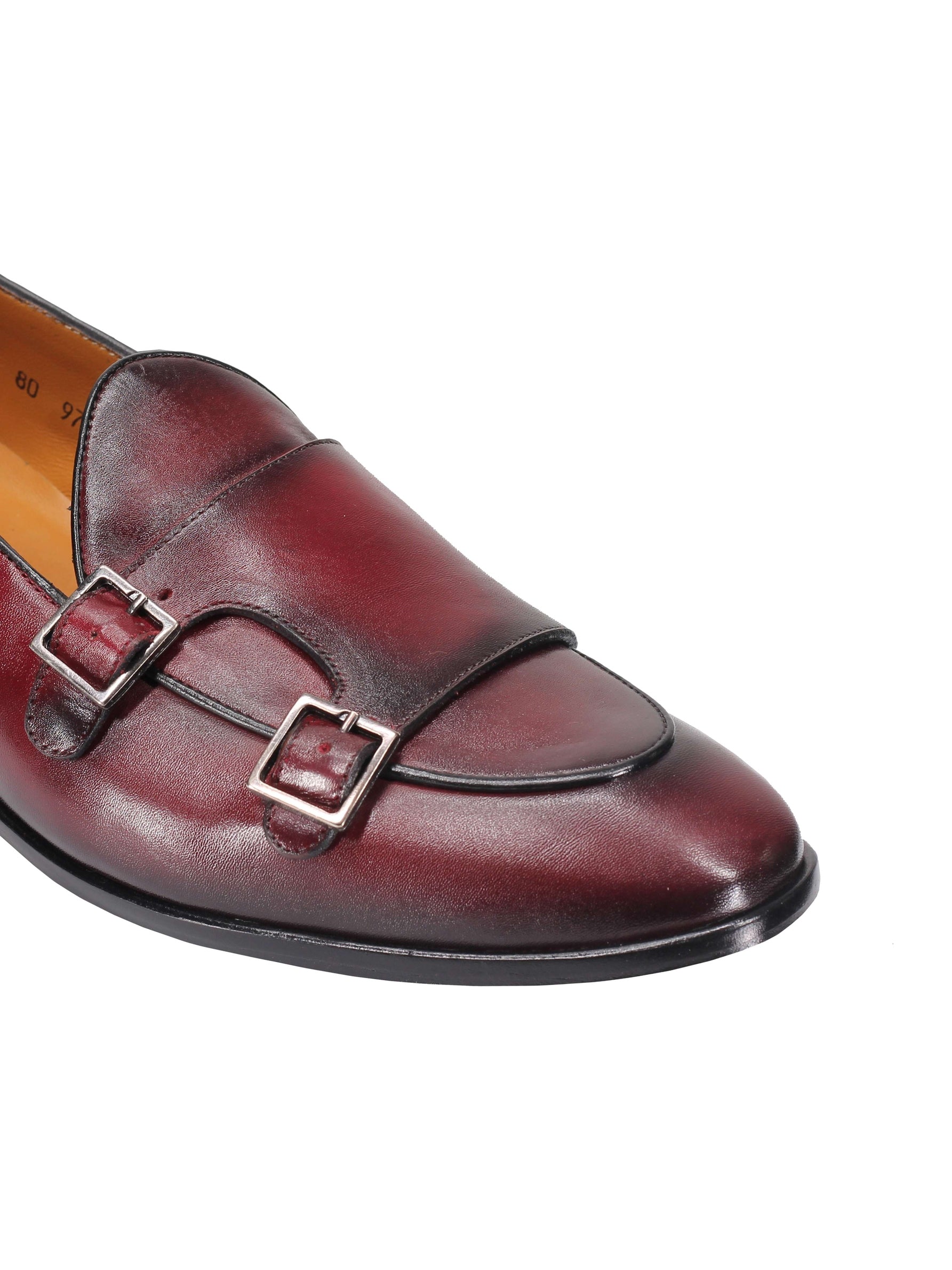 Real Leather Double Monk Shoes in Wine